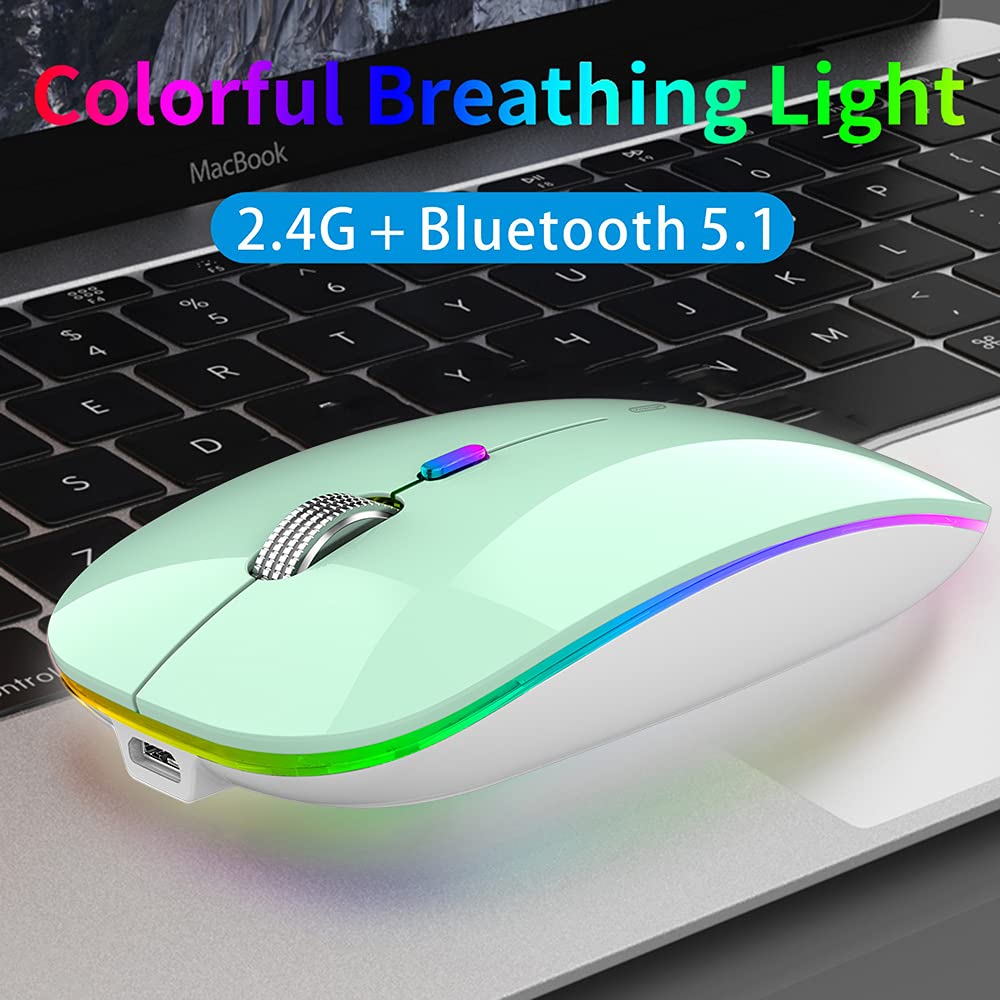 Tenmos Wireless Bluetooth Mouse, Led Slim Dual Mode (Bluetooth 5.1 + Usb) 2.4Ghz Rechargeable Silent Bluetooth Wireless Mouse For Laptop/Macbook/Ipad Os 13 And Above (Mint Green)