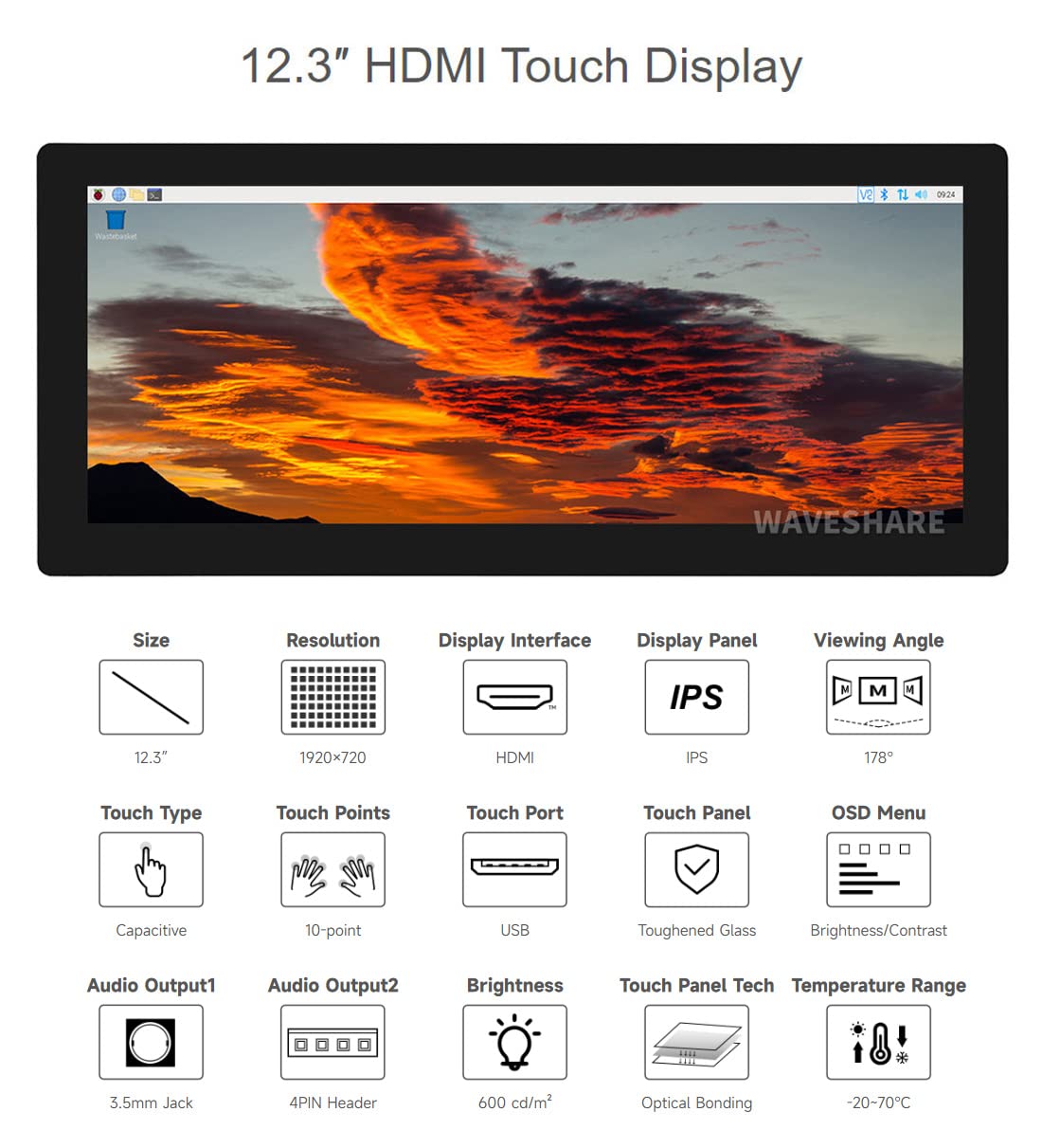 Waveshare 12.3Inch Capacitive Touch Screen Lcd Compatible With Raspberry Pi 5/4B/3B+/3B/2B/B+/A+/Zero/Zero W/Wh/Zero 2W Series B