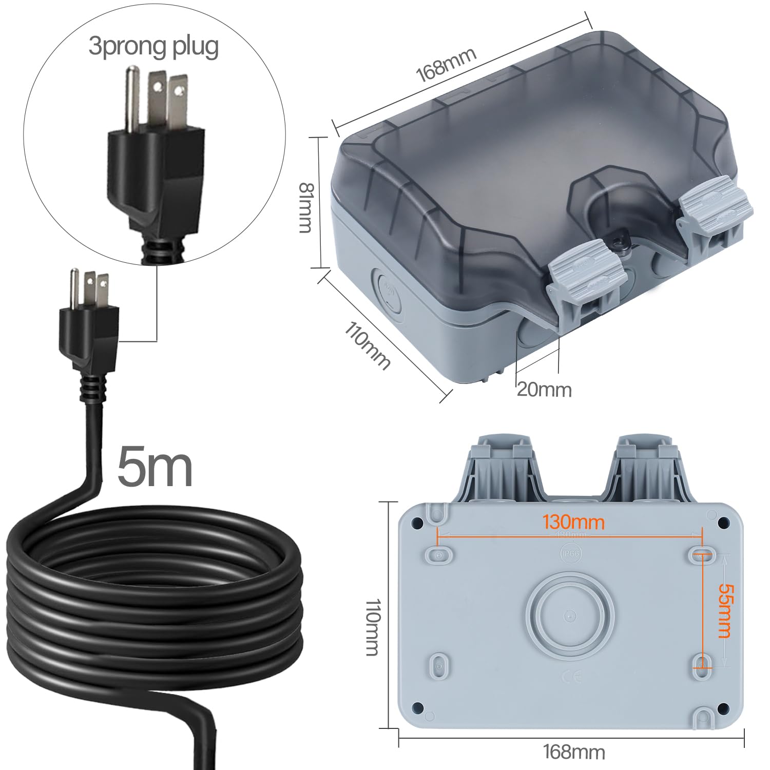 Zuyiyi Outdoor Power Outlet With 16.4Ft Extension Cord, Double Plug Outlet Extender, Weatherproof Waterproof Ip66 Outdoor Electr