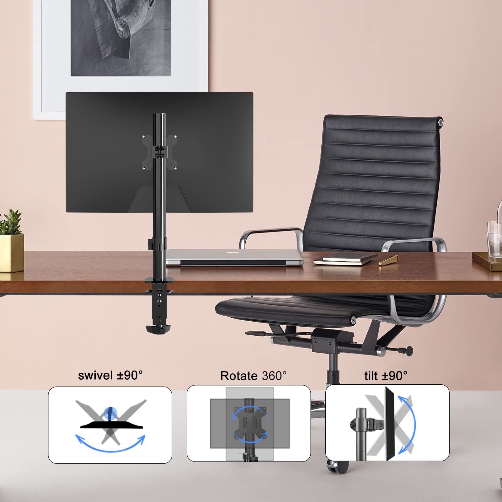 Pholiten Single Monitor Arm,Single Monitor Desk Mount,Adjustable Monitor Arm,Single Mount Holds Screen Up To 22Lbs,Monitor Desk