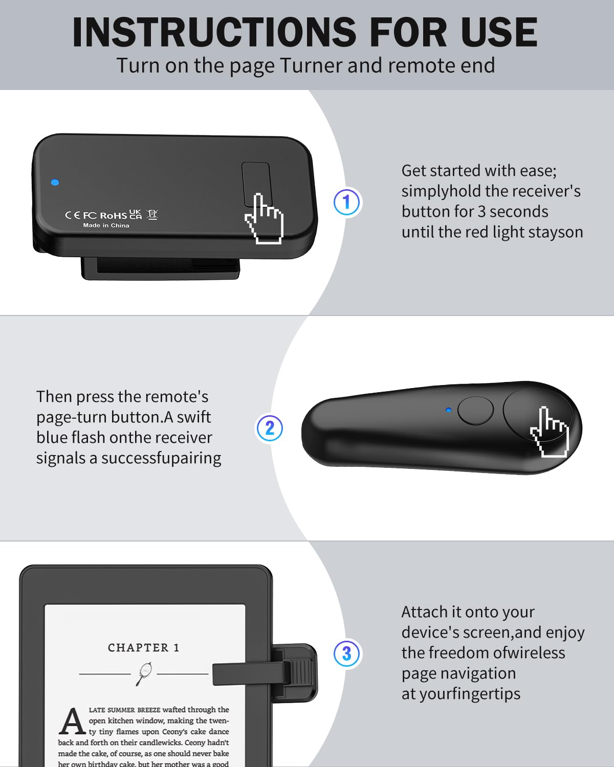 Unibitri Rf Remote Control Page Turner For Kindle Paperwhite Kobo Ereaders, Remote Page Turner For Phone Ipad Ios Android Tablet