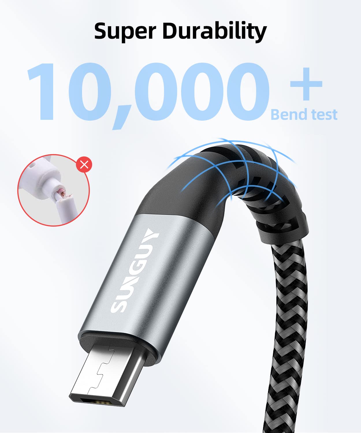 SUNGUY 6 inch Short Micro USB Cable 3-Pack Nylon Braided Fast Charging Grey