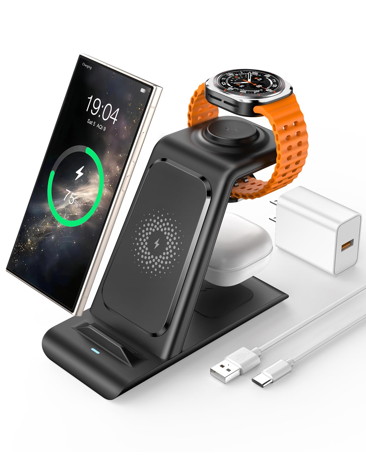 3 in 1 Wireless Charging Station for Samsung Wireless Charger for Galaxy Watch 8/7/6/5/Pro, Galaxy S25/Edge/Ultra/S25+/S24/S23/N