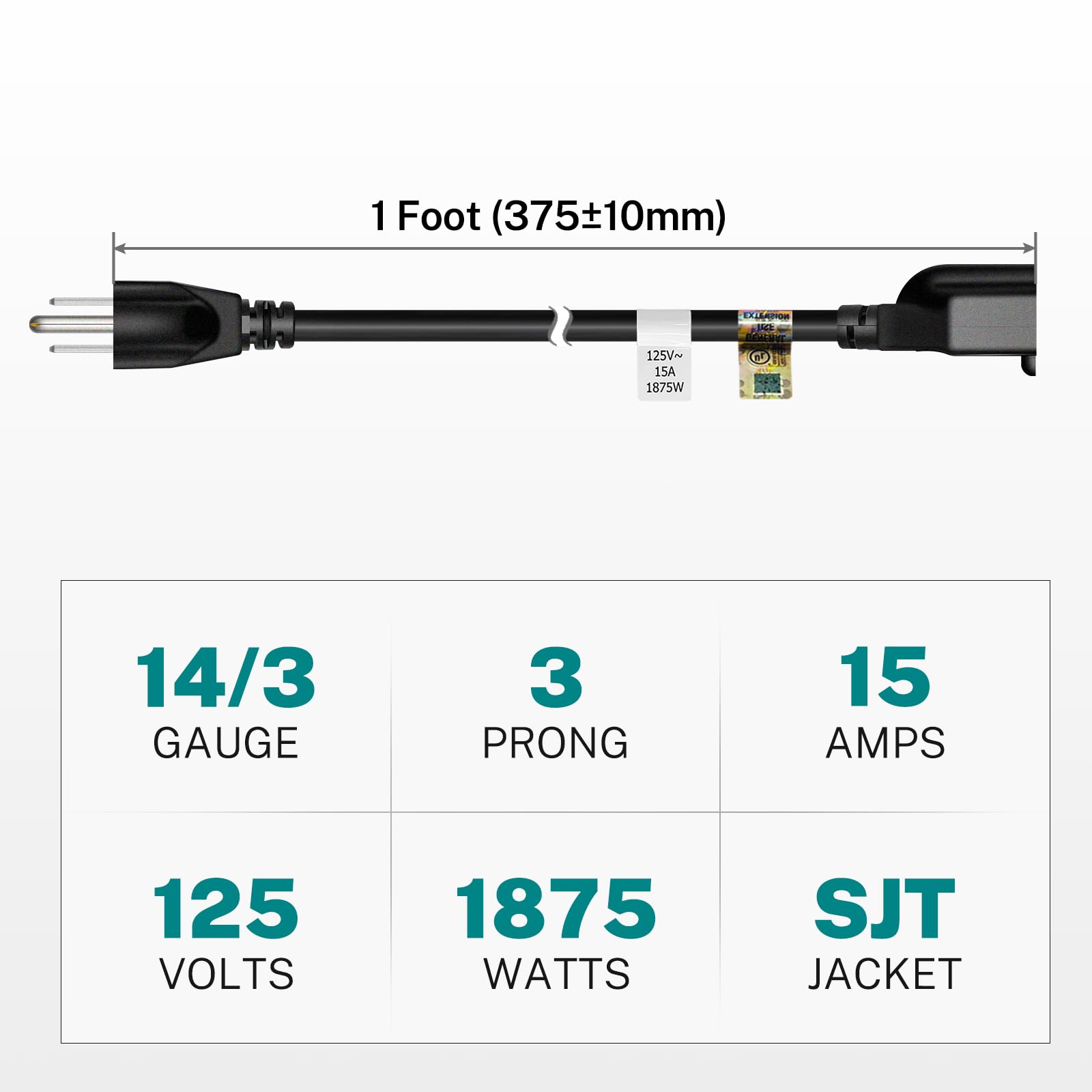 Firmerst 15 Amp 1 Foot 3 Prong Extension Cord 14 Gauge 1875W Black