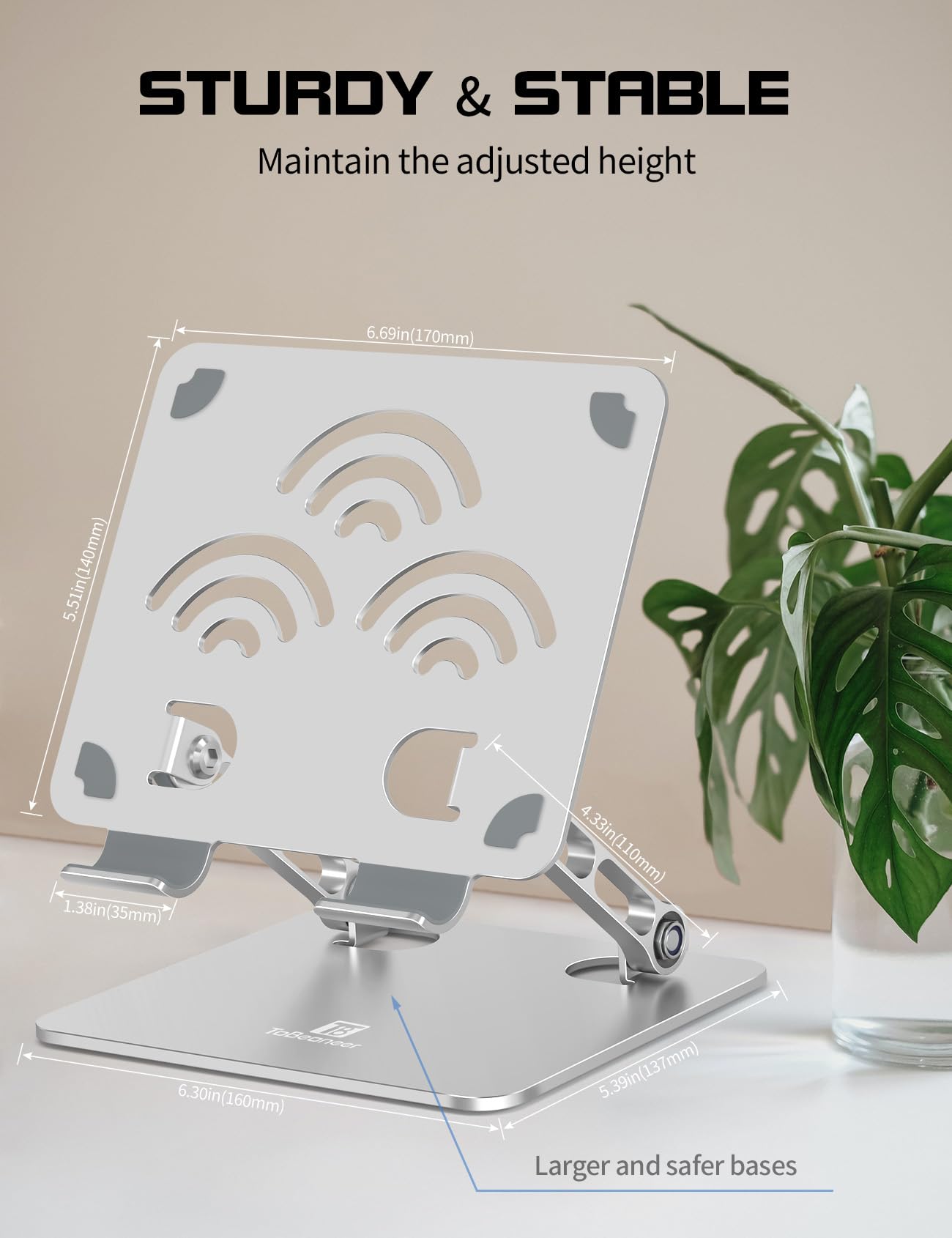 ToBeoneer Adjustable Tablet Stand for Desk, Premium Aluminum Holder for iPads, Tablets, Kindles, Switch, Phones, and All Devices up to 14 Inches. Portable and Foldable Silver, Plus Size