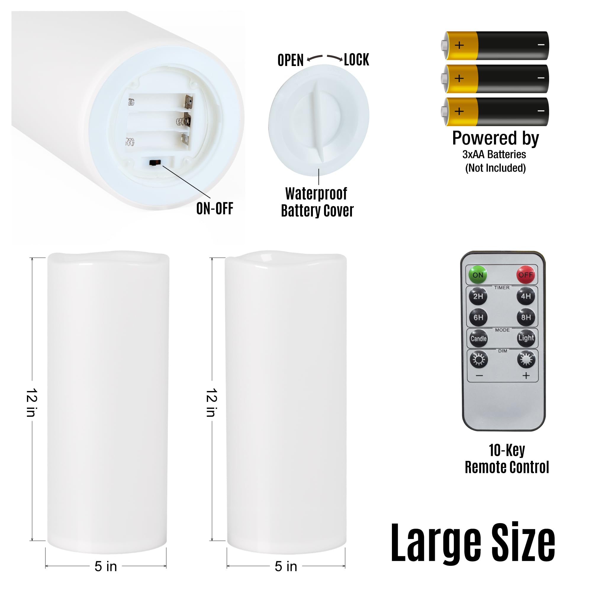 Yongmao 12'' X 5'' White Large Waterproof Outdoor Flameless Candles Battery Operated Led Flickering Pillar Candles With Remote A