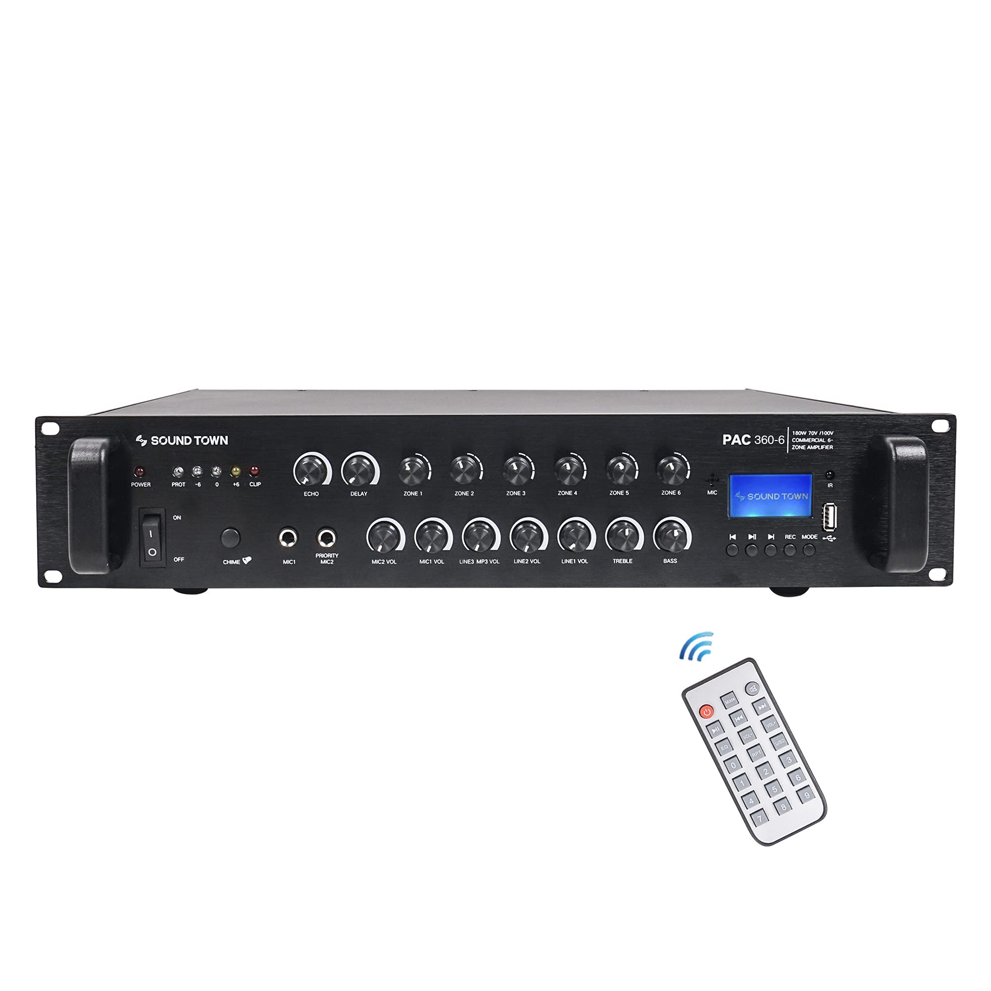 Sound Town 360W 6 Zone 70V/100V Commercial Power Amplifier With Bluetooth, Aluminum, For Restaurants, Lounges, Bars, Pubs, Schools And Warehouses (Pac360 6)