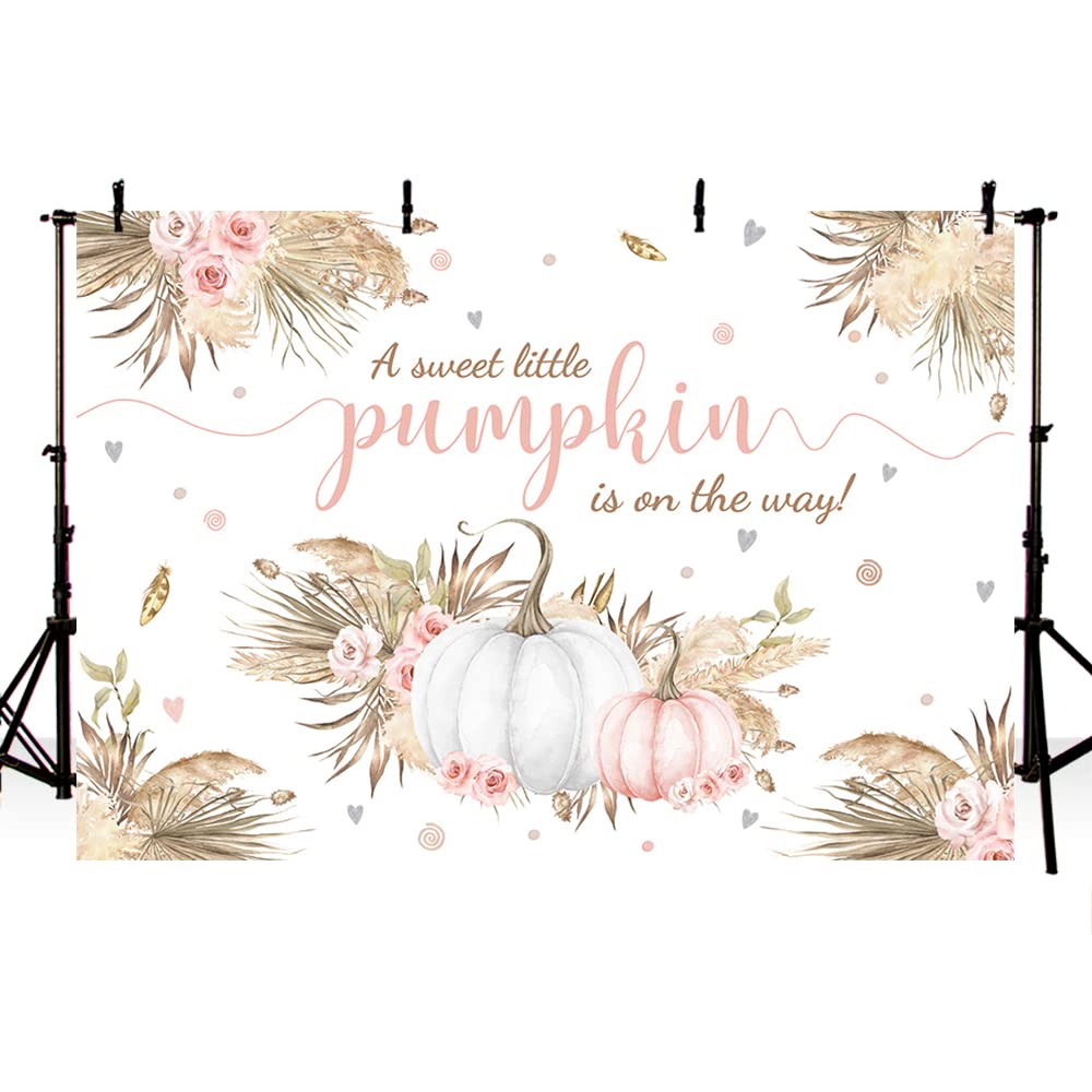 Mehofond 7X5Ft Autumn Boho Little Pumpkin Backdrop For Girl Baby Shower Fall Leaves Pampas Grass Pink White Floral Background Fo