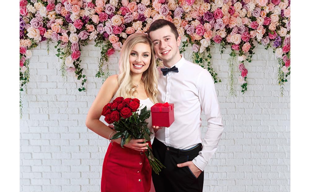 Ltlyh 10X10Ft White Brick Wall Flowers Background Spring Theme Photography Backdrop For Mother'S Day Valentine Wedding Bridal Ba