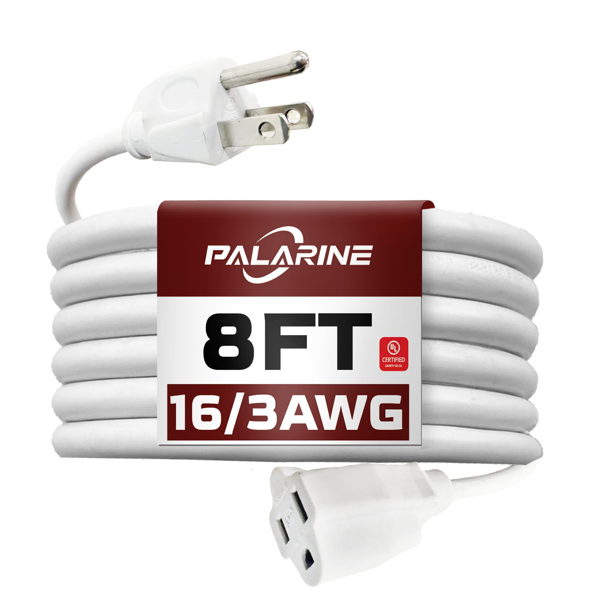 Palarine 8Ft White Outdoor Extension Cord Waterproof, Ul Listed, 16/3 Sjtw Heavy Duty 3 Prong, 16 Gauge 13A Power Cord Ideal For