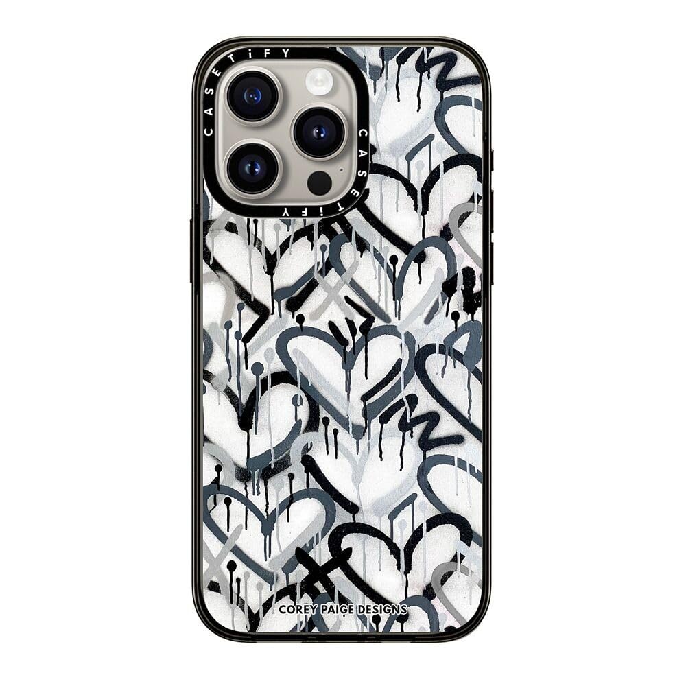 Casetify Compact Case For Iphone 15 Pro Max [2X Military Grade Drop Tested / 4Ft Drop Protection]   Monochrome Graffiti Hearts  