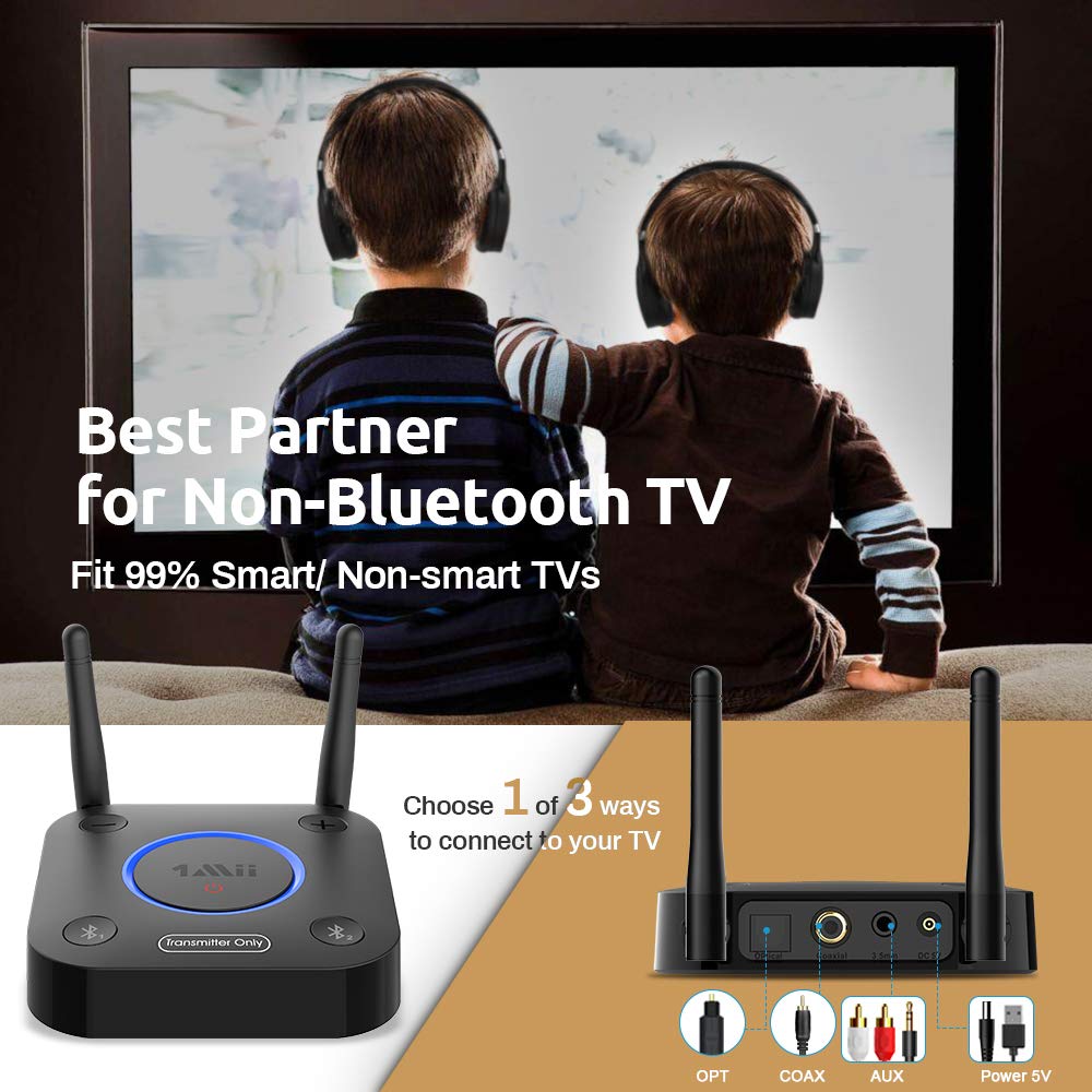 1Mii B06Tx Bluetooth 5.2 Transmitter For Tv To Wireless Headphone/Speaker, Bluetooth Adapter For Tv W/Volume Control, Aux/Rca/Op