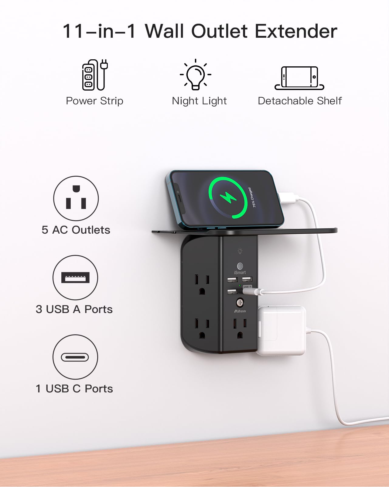 Wall Outlet Extender With Shelf And Night Light,Surge Protector,Usb Wall Charger With 5 Usb Outlets And 3 Usb Ports 1 Usb C Outl