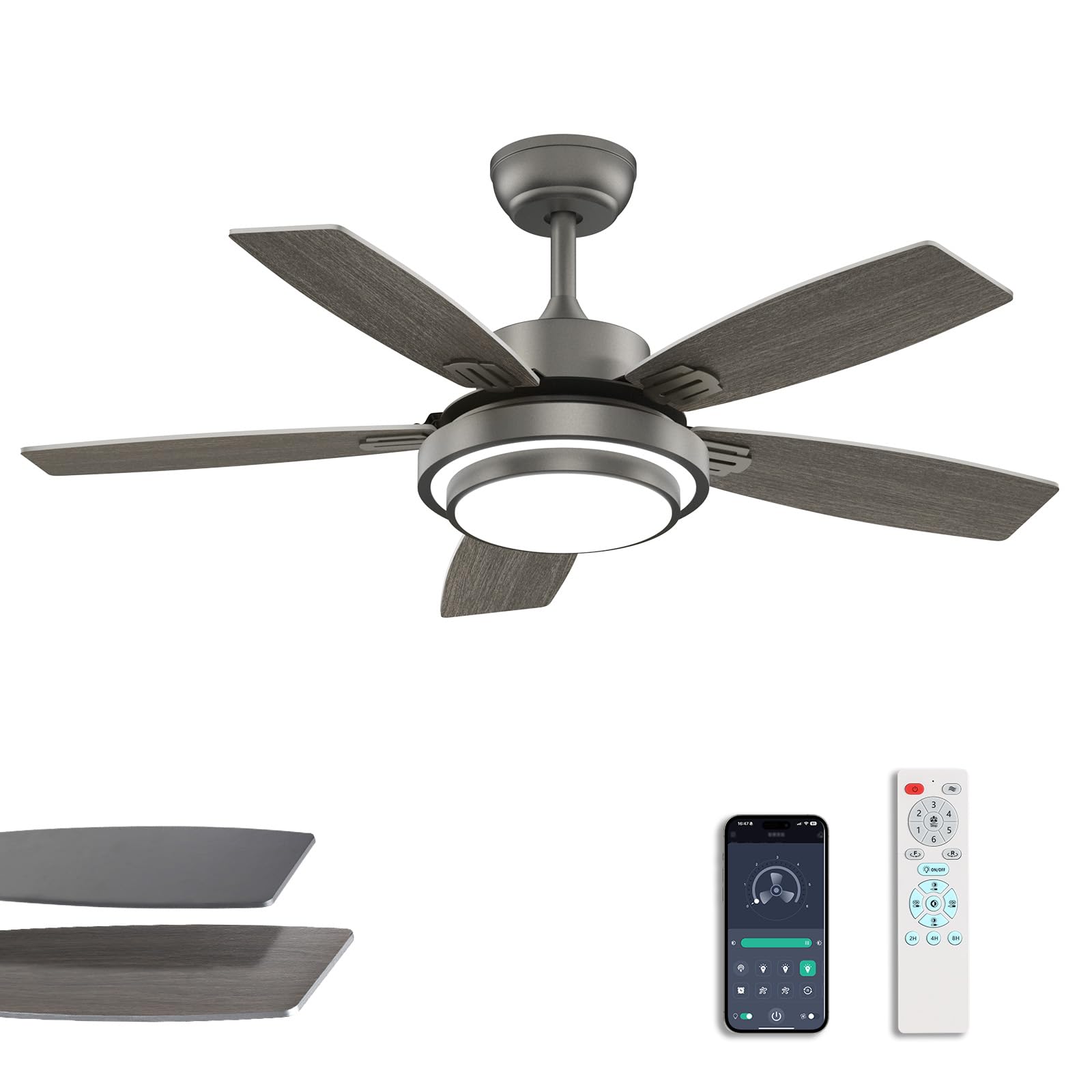 Fanbliss 42 Inch Ceiling Fans With Lights And Remote/App Control, Modern Grey Ceiling Fan With Quiet Reversible Dc Motor, 3 Cct