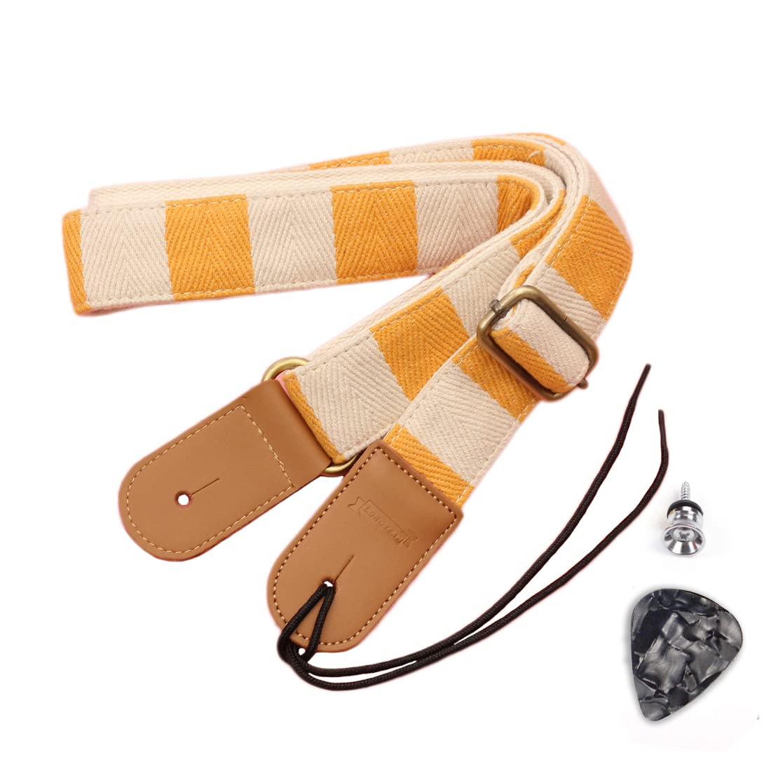 Longteam Simple Linen Leather Ukulele Strap Adjustable Length Durable Uke Straps with Nail, Rope, Picks (Yellow Stripe)