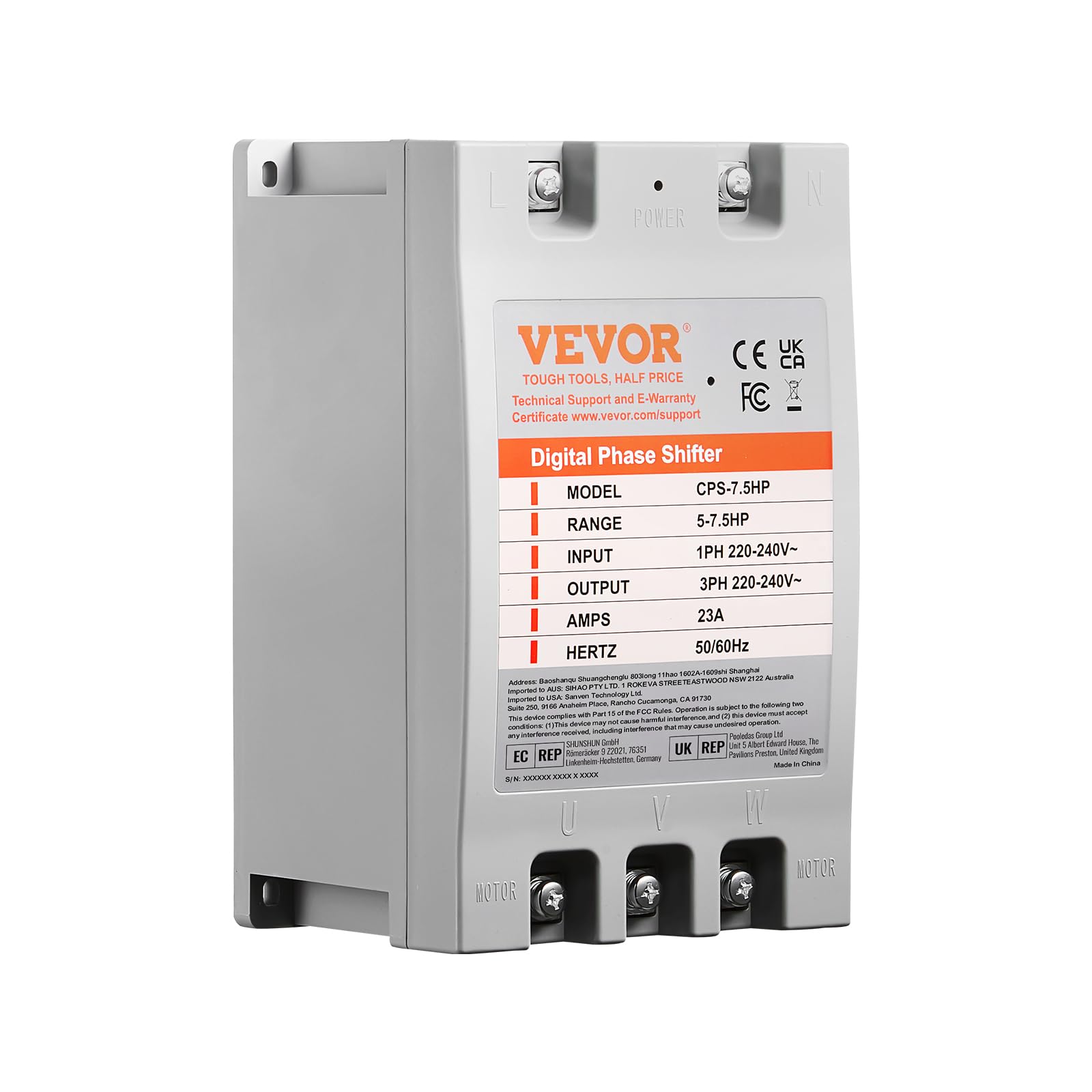 Vevor 3 Phase Converter   7.5Hp 23A 220V Single Phase To 3 Phase Converter, 220V 240V Input/Output, Digital Phase Shifter For Re