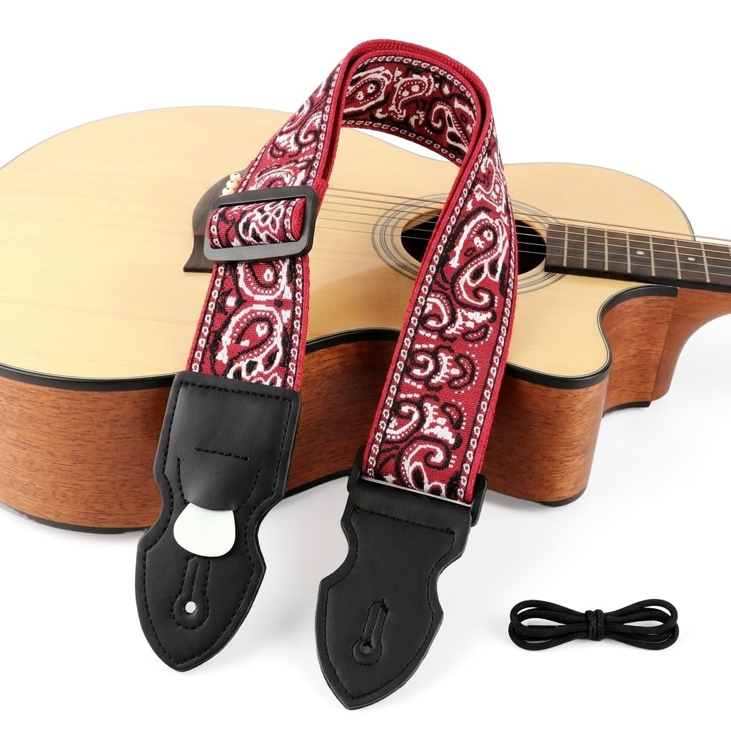 HASTHIP Guitar Strap Fashion Boho Embroidered Adjustable Strap with Guitar Pick Holder Slot, Wide Nylon Straps for Acoustic, Bas
