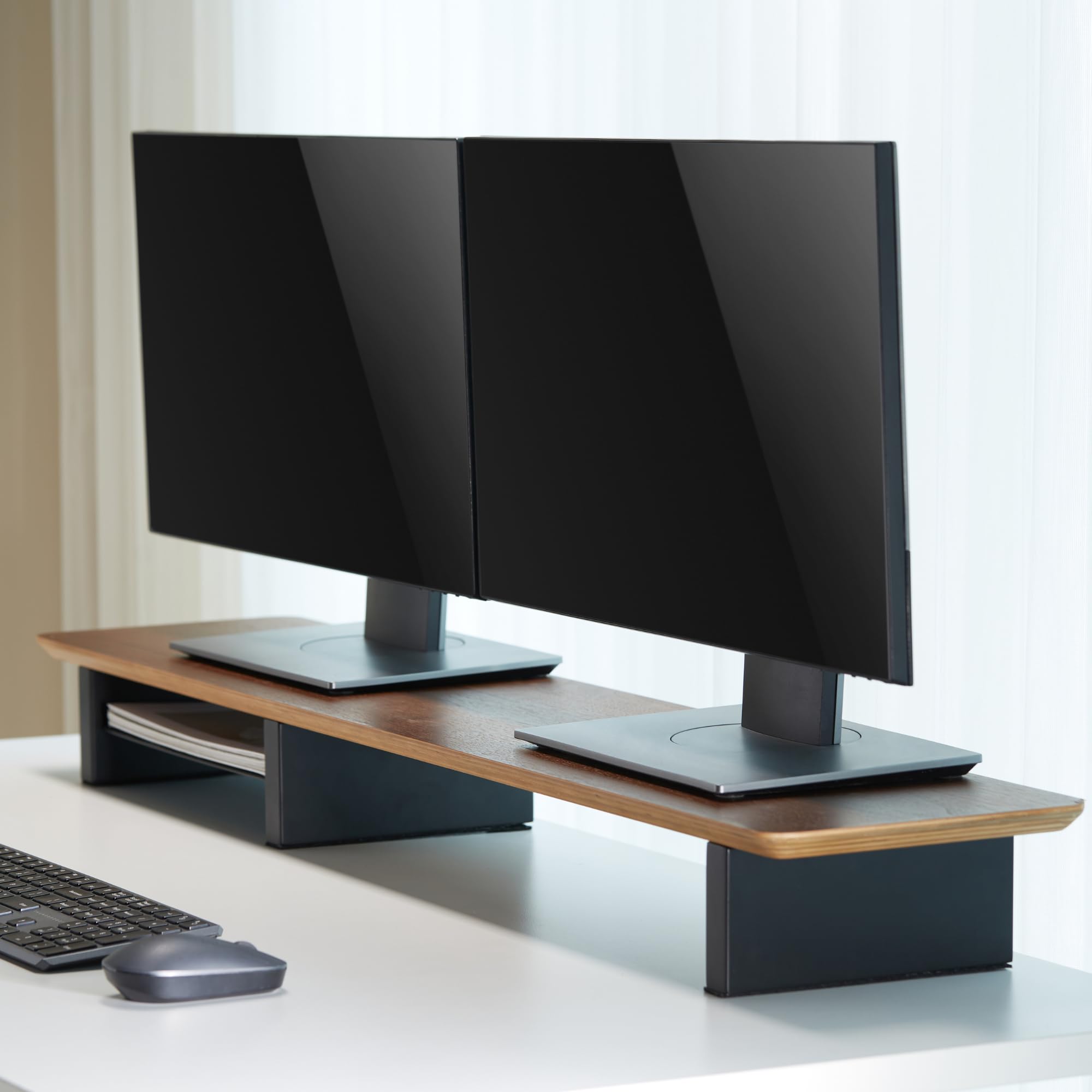 IVE Design Walnut Monitor Stand for Desk - Large 44 Inch Wood Shelf for 2 Monitors