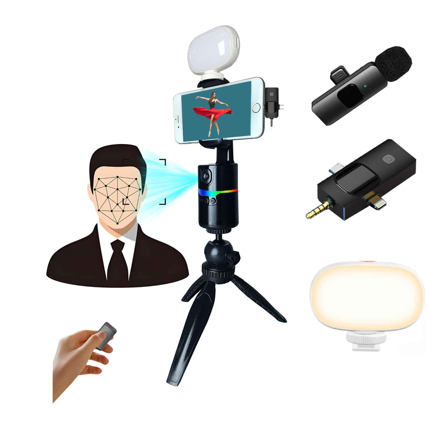 Litchitech Auto Face Tracking Tripod 360 Rotation With Stand, Vlogging Kit For Iphone Andriod Phone,Content Creator Essentials,S