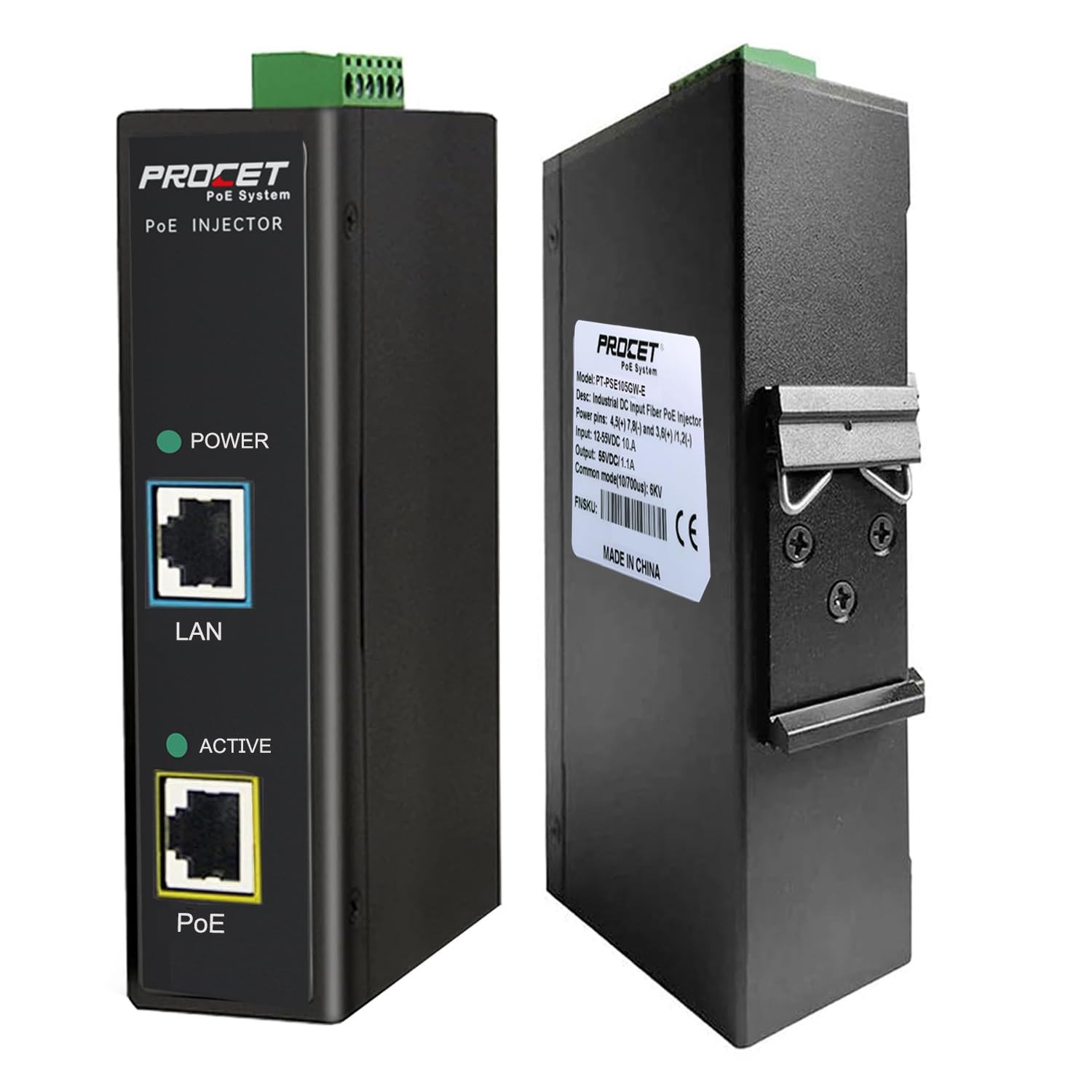 PROCET 60W PoE++ Injector Gigabit DIN Rail Industrial PoE Power Injector, 6KV Surge Protection, IEEE802.3af/at Compliant, Workin
