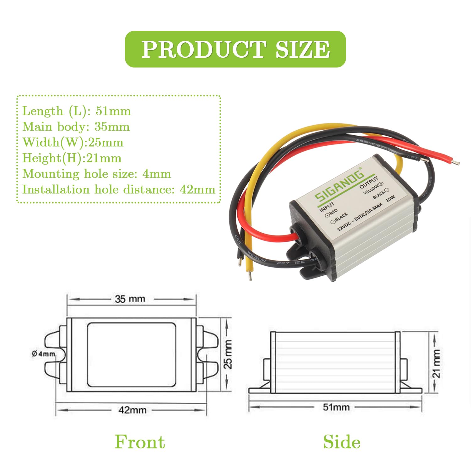 Sigandg 12V To 5V Dc Converter Car Power Voltage, Step Down To Dc 5V 3A 15W Waterproof Buck Converter, Supply Step-Down Module C