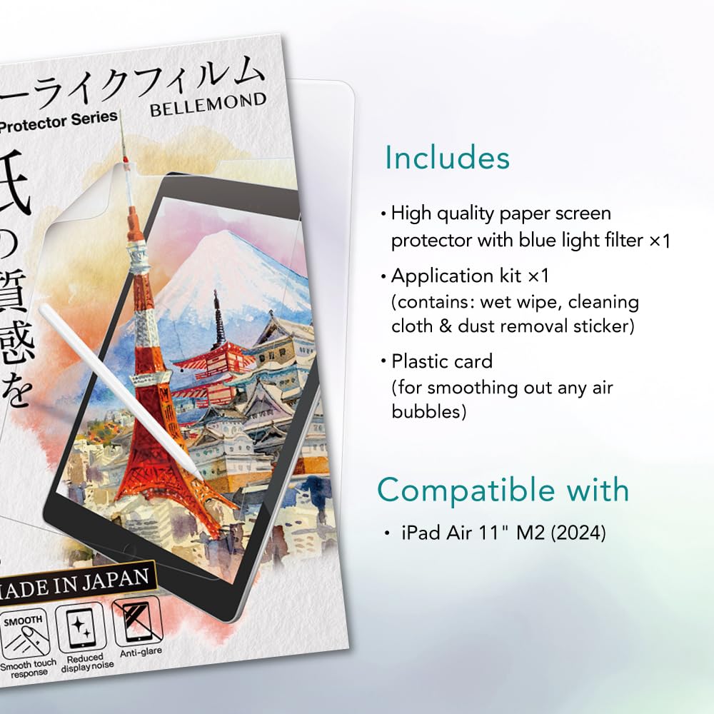 Bellemond Blue Light Cut Paper Screen Protector C/W Ipad Air 11'' M2 (2024)   Write, Draw & Sketch With The Apple Pencil As If U