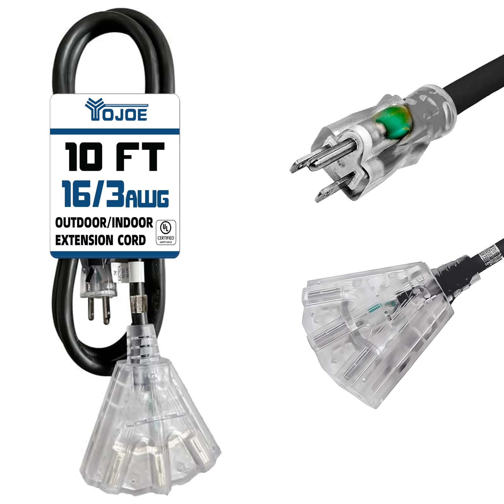 Yojoe 3 Outlets Indoor Outdoor Extension Cord With Lighted End, 3 Prong 13A Weatherproof Power Cord, 16 Gauge Heavy Duty 10 Ft B