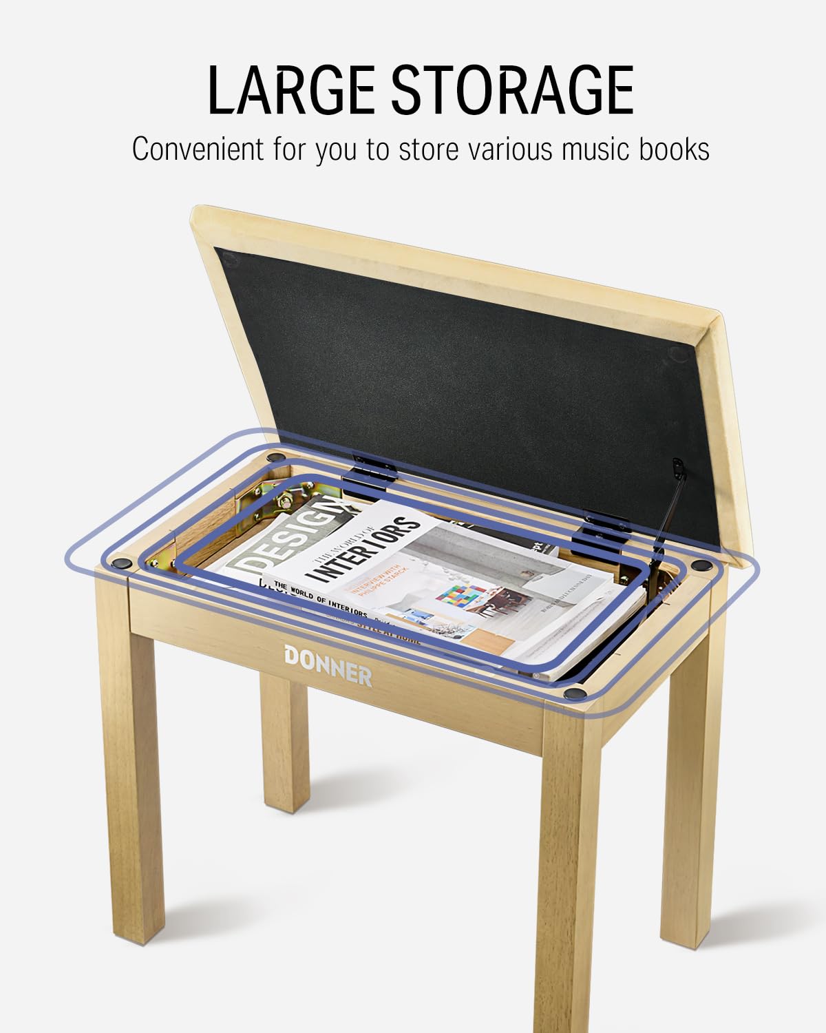 Donner Piano Bench With Storage, Solid Wood Keyboard Bench Piano Bookcase Stool Chair Seat With High Density Suede Cushion, Ligh