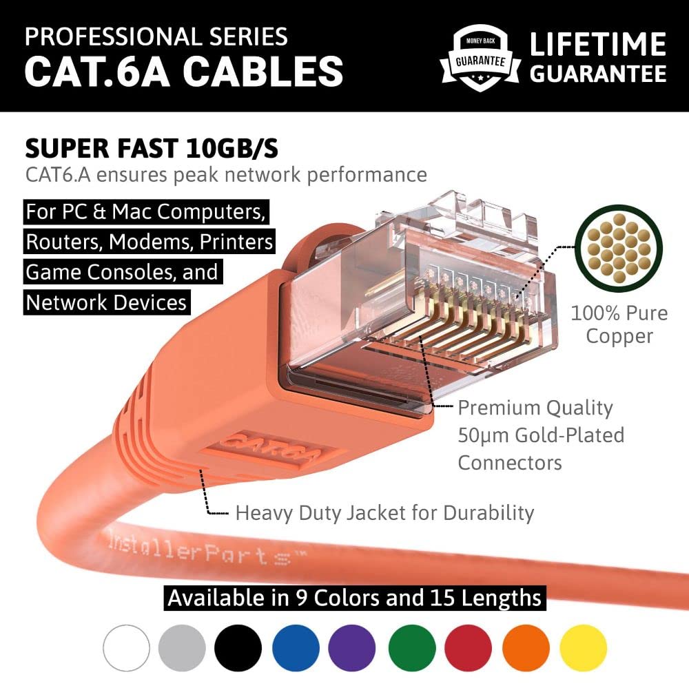 Installerparts Ethernet Cable Cat6A Cable Utp Booted 5 Ft   Orange   Professional Series   10Gigabit/Sec Network/High Speed Inte