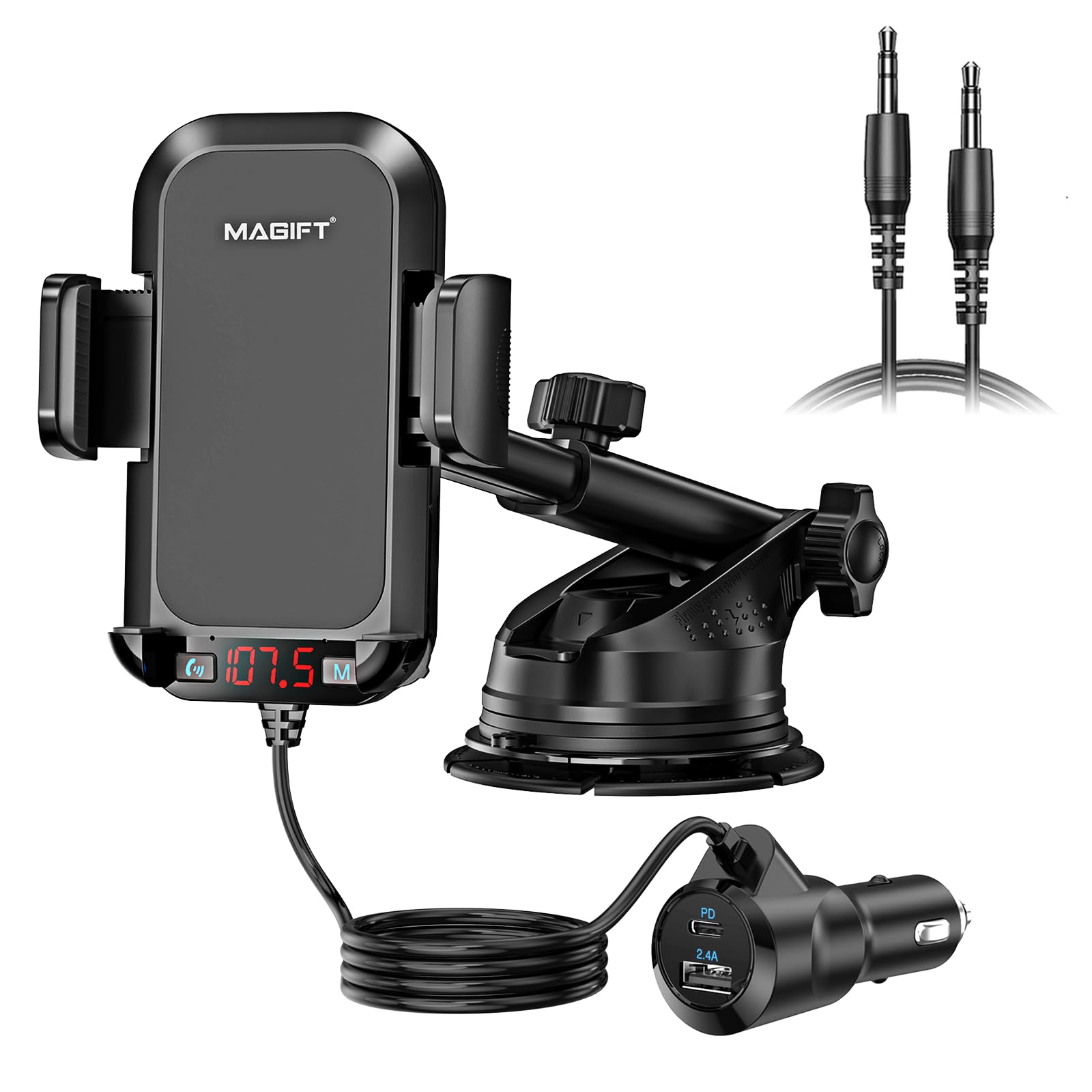 54W Bluetooth 5.3 Fm Transmitter Car Adapter With Phone Holder 3 In 1, Hifi Bass Sound, Hands Free Calling, 36W Pd, Qc 18W Suppo
