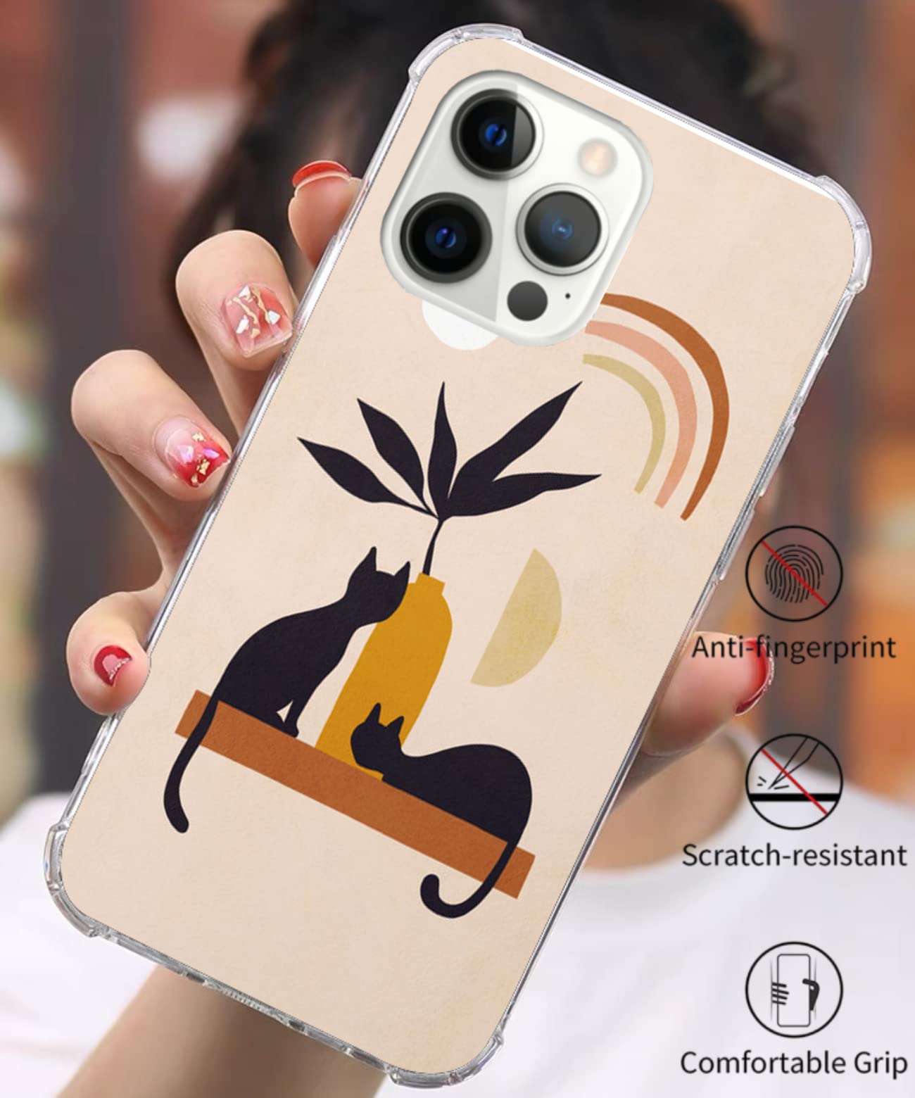 WidofvSpky iPhone 12/12 Pro Phone Case Abstract Boho Rainbow Moon Cat Lover Plants TPU