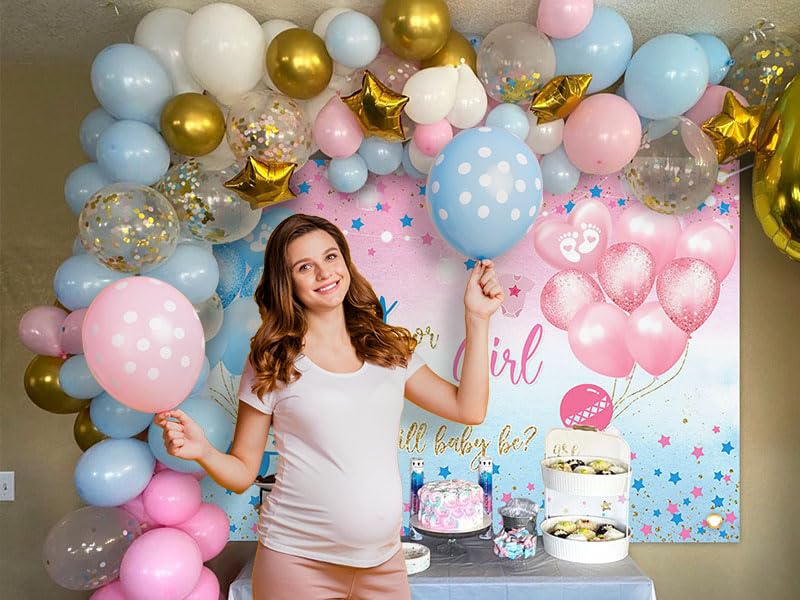 Avezano Gender Reveal Backdrop Boy Or Girl Sign Banner Blue And Pink Stars Dots Balloon Theme Baby Gender Reveal Party Decoratio