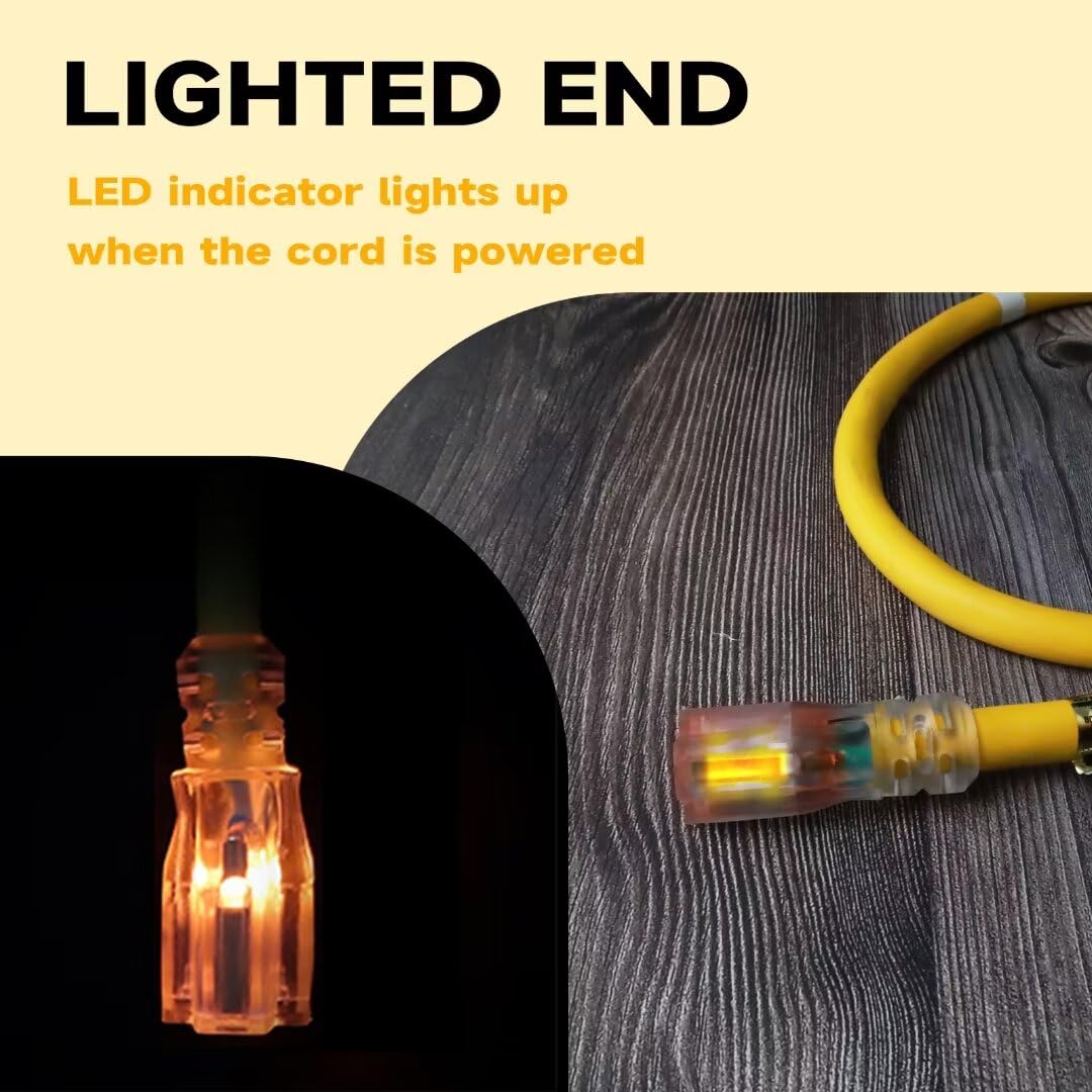 Greatide Outdoor Extension Cord With Lighted End, 12 Gauge Heavy Duty Extension Cord 6 Ft, 3 Prong Grounded 15 Amp Extension Cor