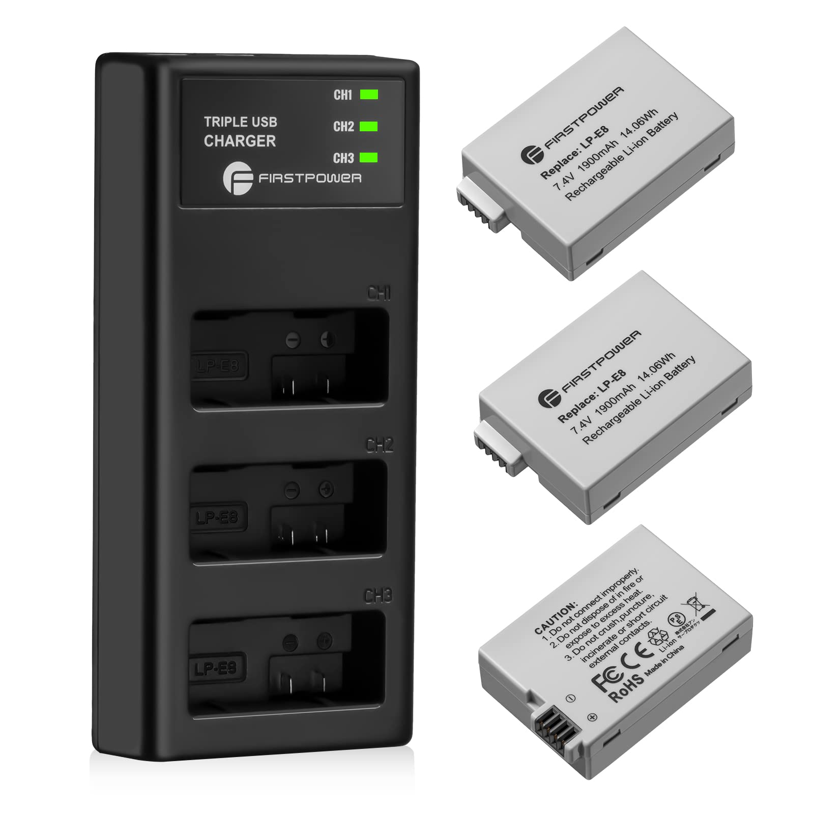 Firstpower Lp E8 Battery 3 Pack And Triple Slot Charger Compatible With Canon Eos Rebel T2I, T3I, T4I, T5I, 550D, 600D, 650D, 70