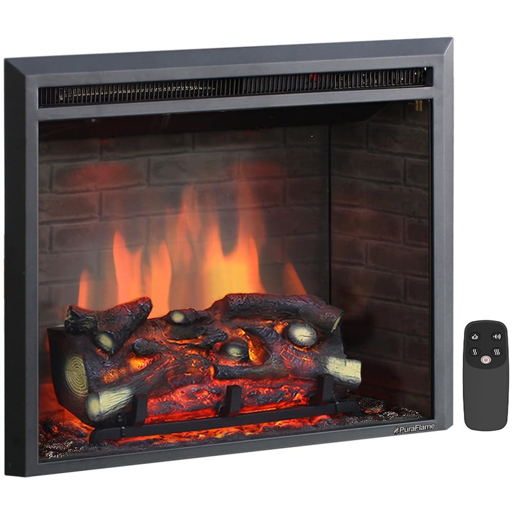 Puraflame Western Electric Fireplace Insert With Fire Crackling Sound, Remote Control, 750/1500W, Black, 25 63/64 Inches Wide, 2