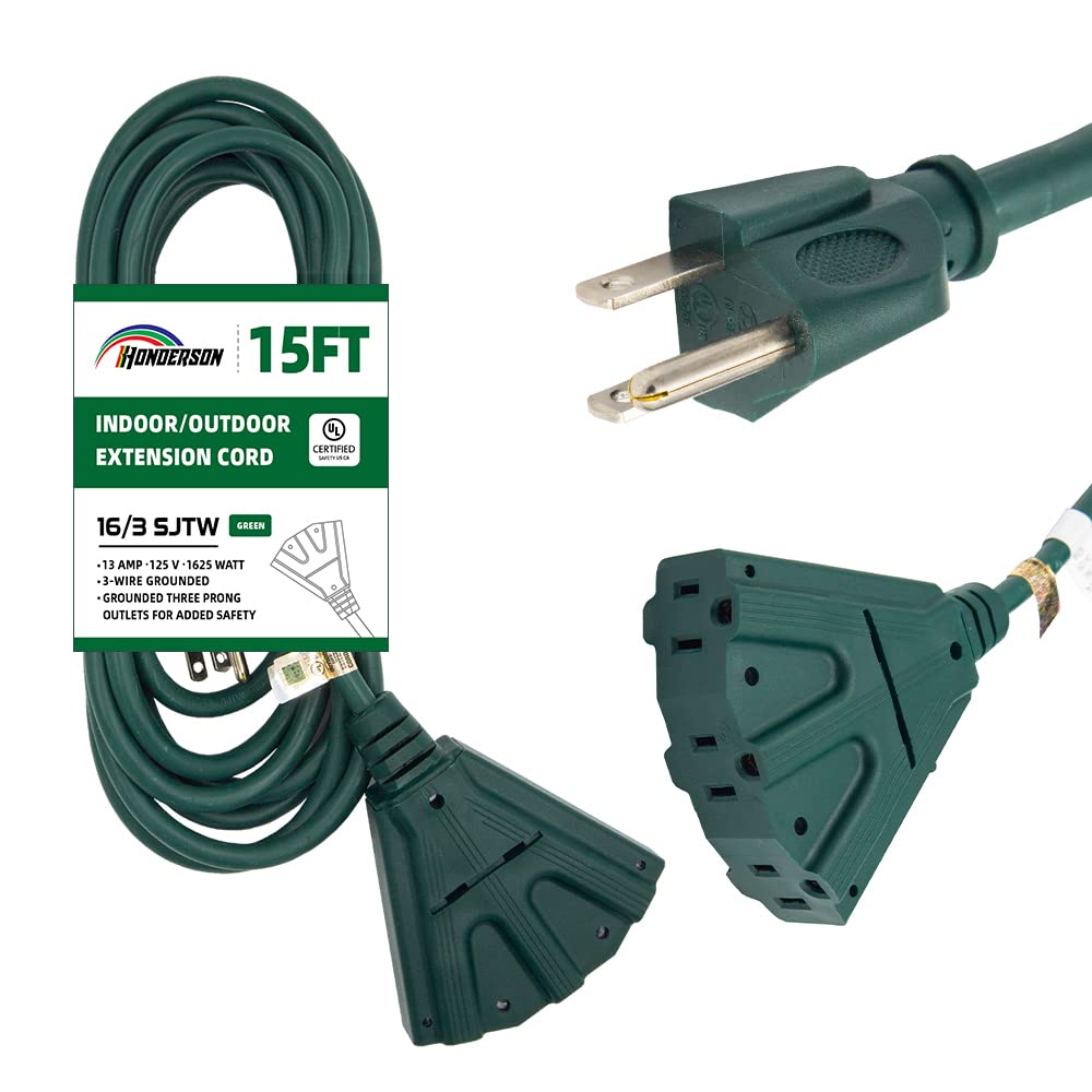 Honderson 3 Outlets Indoor Outdoor Extension Cord Weatherproof, Ul Listed, 16 Gauge 15Ft Green 3 Prong Heavy Duty, 16/3 Sjtw 13A
