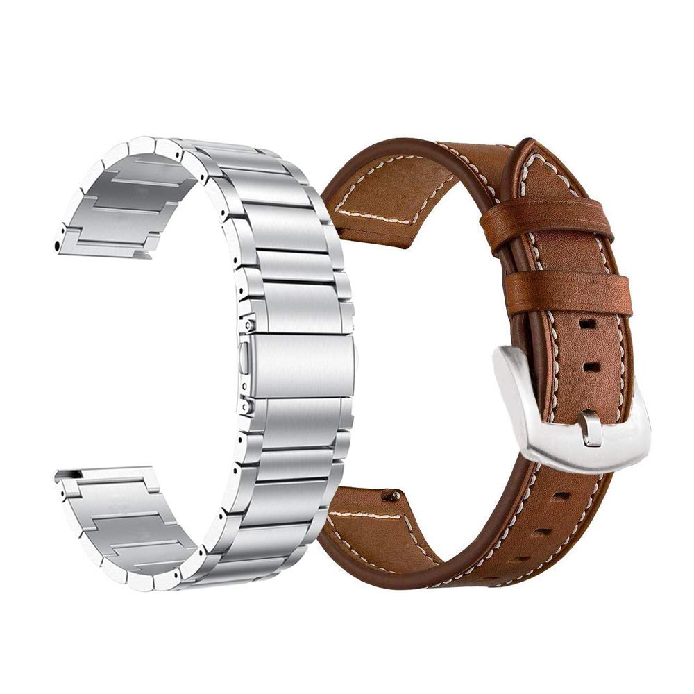 Yeejok Replacement Galaxy Watch 3 45Mm Bands For Men Women, 22Mm Silver Metal & Brown Genuine Leather Watch Strap Compatible For