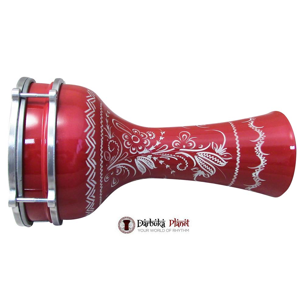 Zaza Percussion 16 Length Aluminum Darbuka, 8 Tunable Synthetic Head Turkish Doumbek Drum (Red   Engrave)