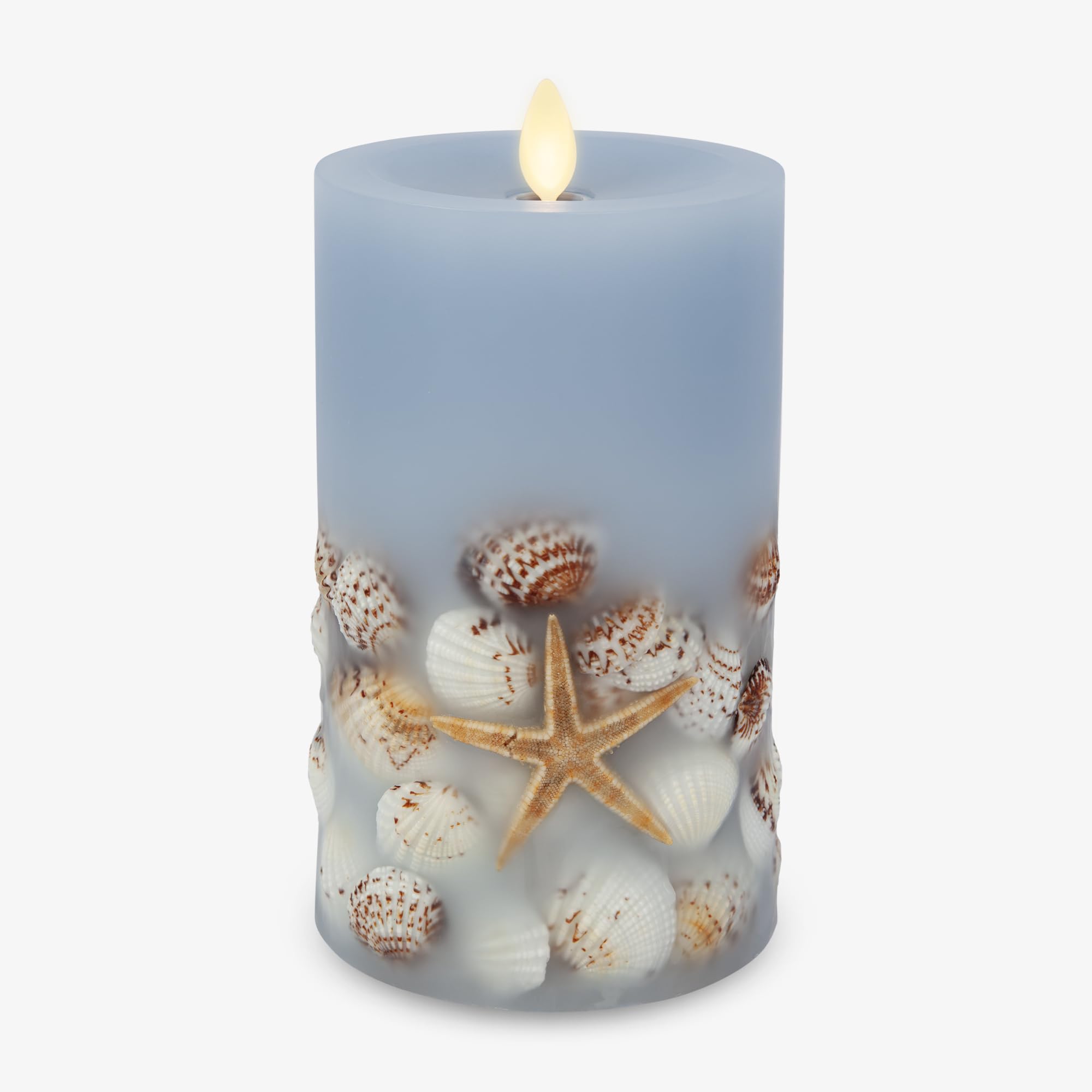 Luminara Flameless LED Candle Soft Chambray Embedded Seashell & Starfish Moving Flame Pillar Unscented Real Wax with Recessed Ed