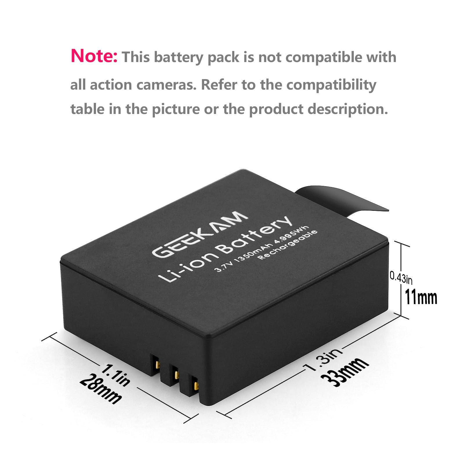 Geekam Action Camera Battery, 2X1350Mah Rechargeable Battery For Sports Camera, Compatible With Akaso Ek7000, Campark, Crosstour