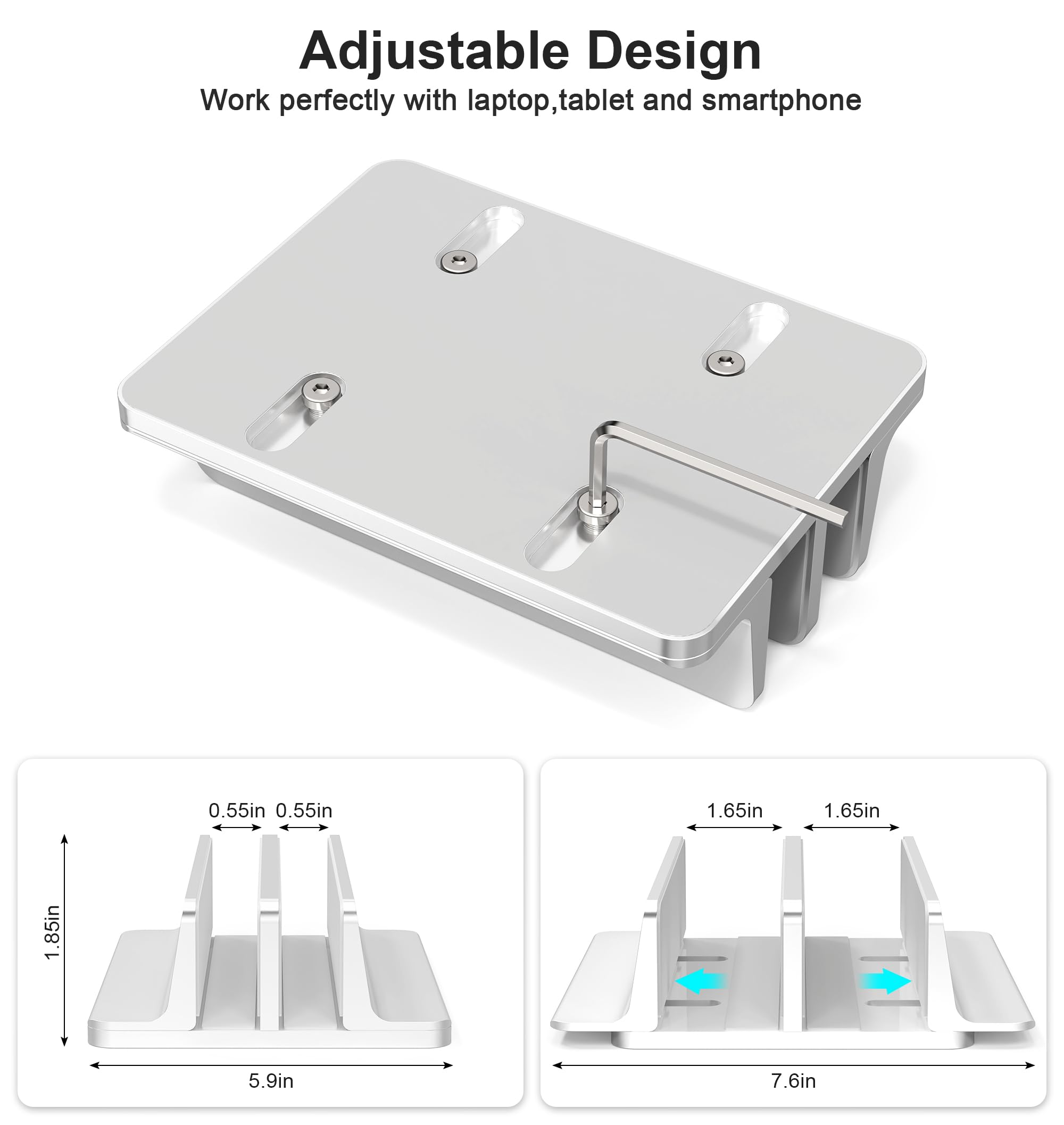 Bull Tech New Vertical Laptop Stand, Adjustable 2 Slot Aluminum Desktop Holde(Up To 17.3 Inch), Fits All Macbook/Microsoft Surface/Hp/Dell/Chromebook/Ipad And Gaming Laptops (Silver)