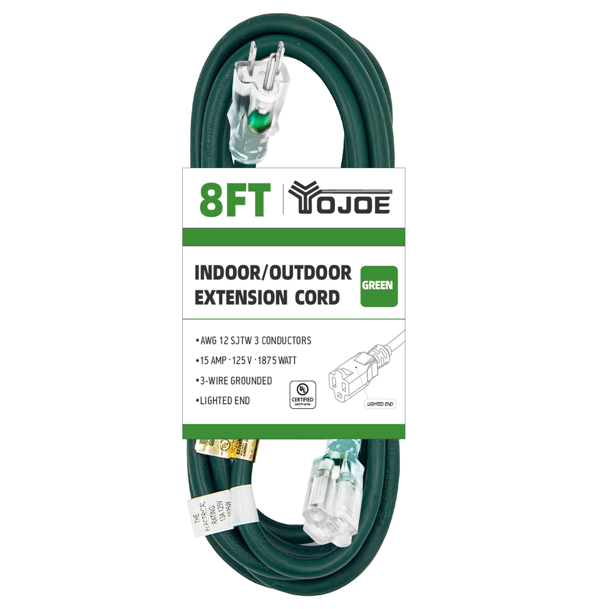 Yojoe Indoor Outdoor Extension Cord With Lighted End, 3 Prong 15A Weatherproof Power Extension Cord, 12 Gauge Heavy Duty 8 Ft Gr