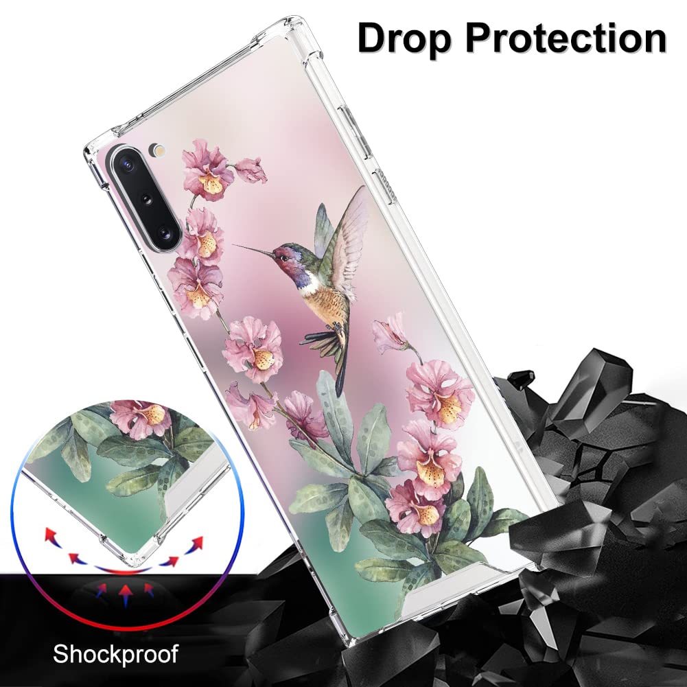 Ook Clear Case Compatible With Samsung Galaxy Note 10, Pink Hummingbird Pattern Flexible Tpu Shockproof Anti Scratch Bumper Tran