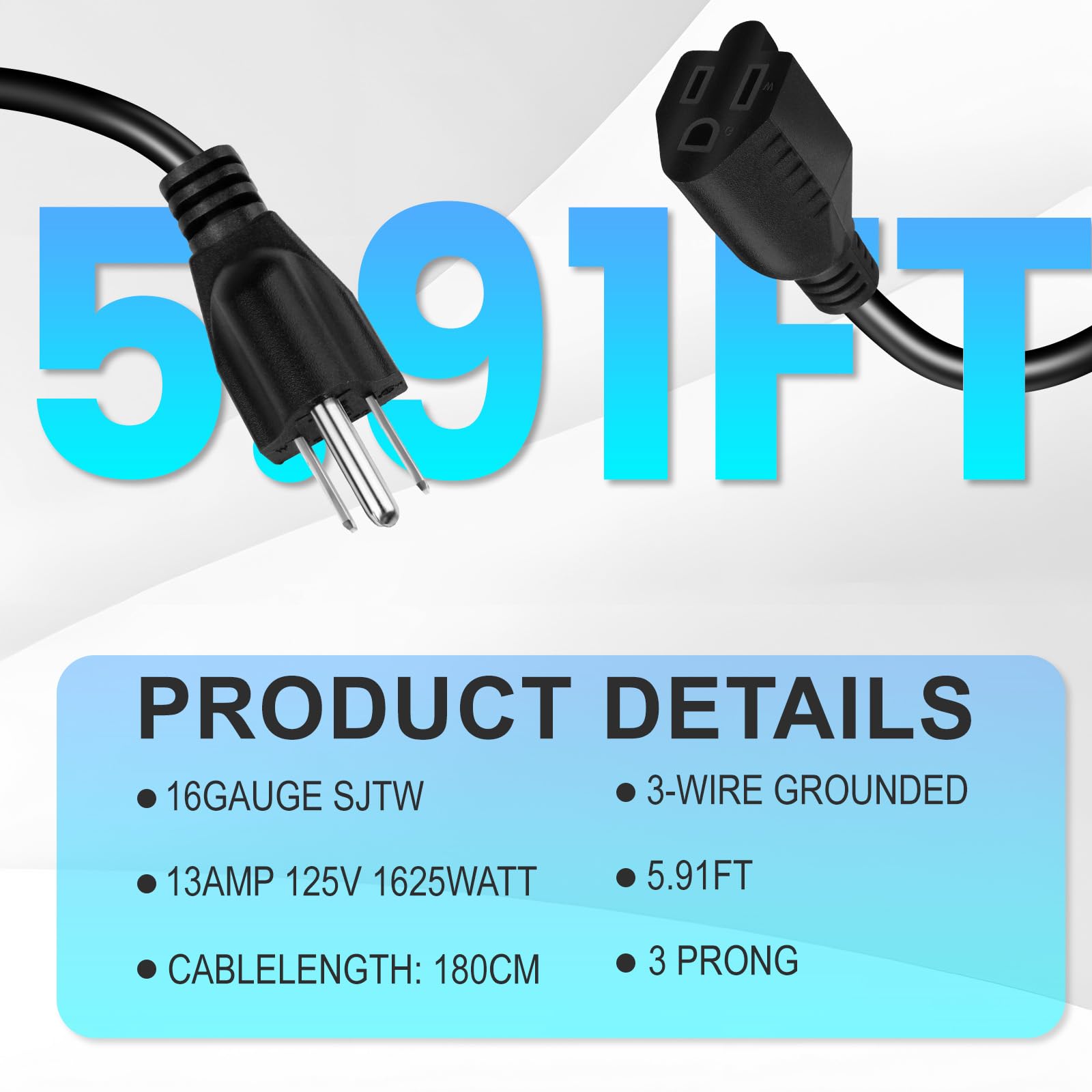 Short Power Extension Cord,16Awg/13A,Outlet Saver, 3 Prong Male Plug To Female Socket Heavy Duty Power Extension Cable (6Ft/1.8M