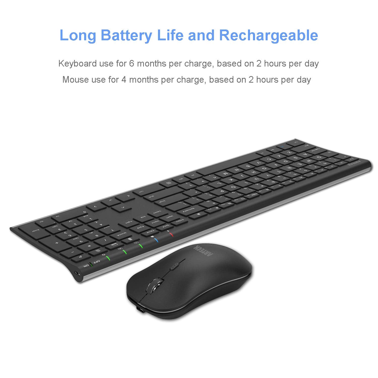 Arteck 2.4G Wireless Keyboard And Mouse Combo Stainless Steel Ultra Slim Full Size Keyboard And Ergonomic Mice For Computer Desk