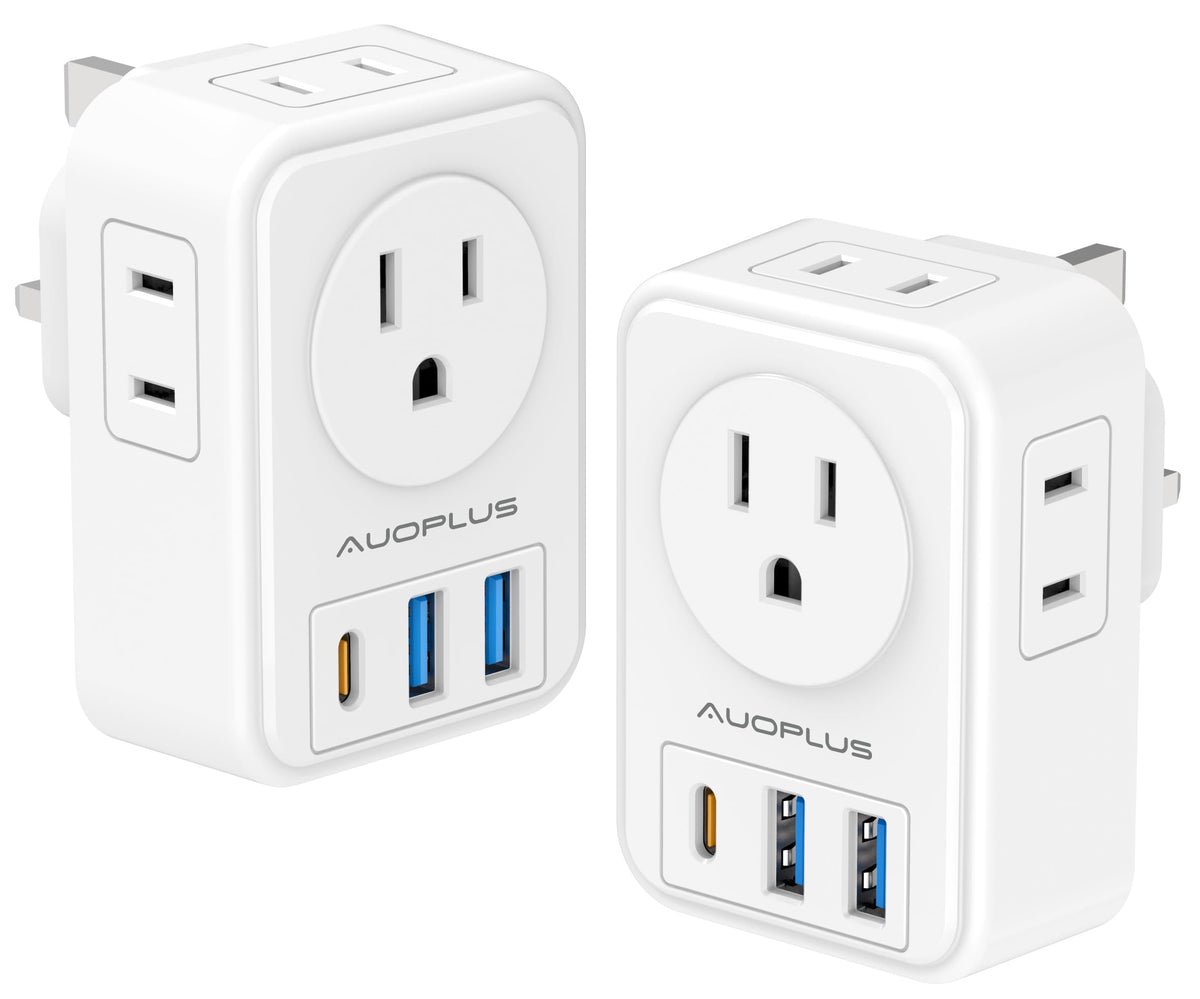 Us To Uk Plug Adapter 2 Pack, Auoplus Type G Ireland Travel Adapter With 4 Electrical Outlets 3 Usb Charger, International Power