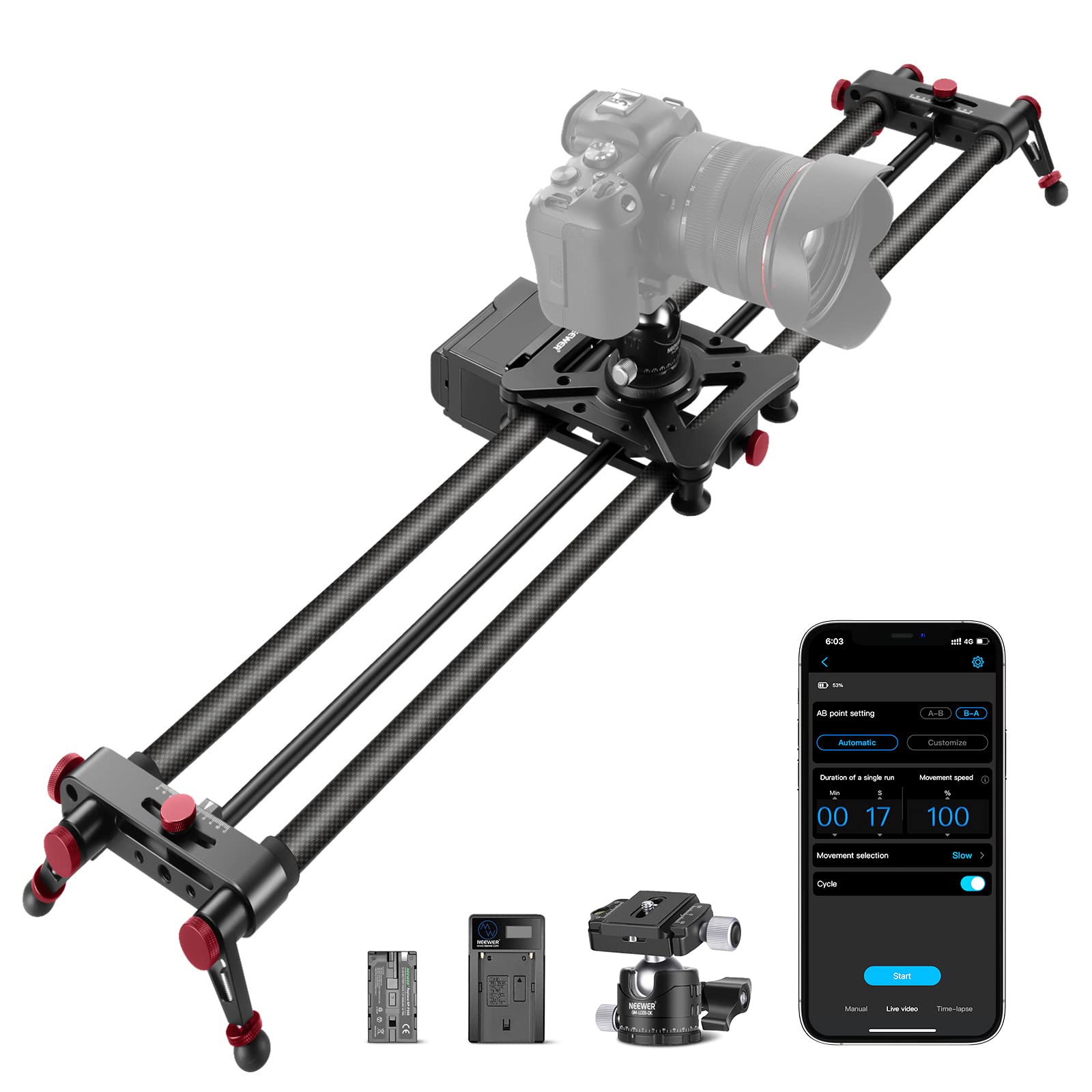 Neewer 31.5''/80Cm Motorized Camera Slider, App Wireless Control Carbon Fiber Dolly Rail Slider, Support Video Mode, Time Lapse