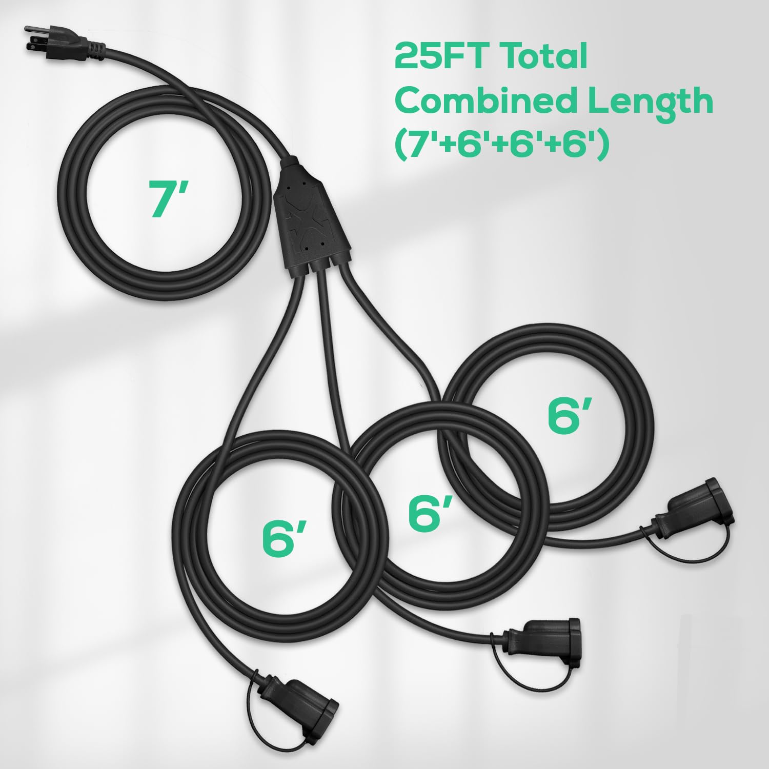 Banord Extension Cord 1 To 3 Splitter, Max 13Ft End To End (25Ft Total), With 3 Weatherproof Covers For Indoor And Outdoor, 16/3
