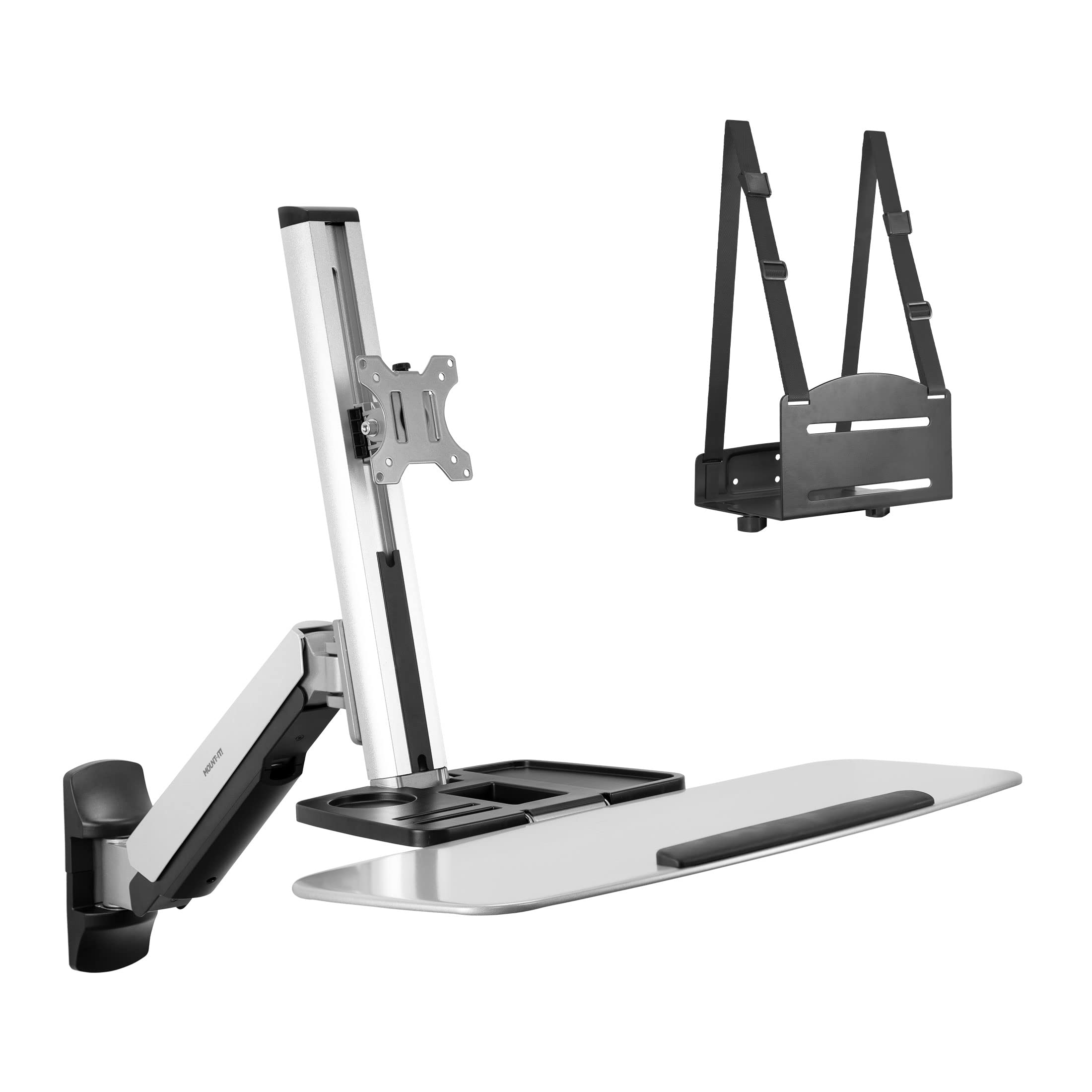 Mount-It! Adjustable Sit Stand Wall Mount Workstation, VESA 75x75/100x100, Silver, Model MI-7905, with Monitor Mount & Keyboard Tray