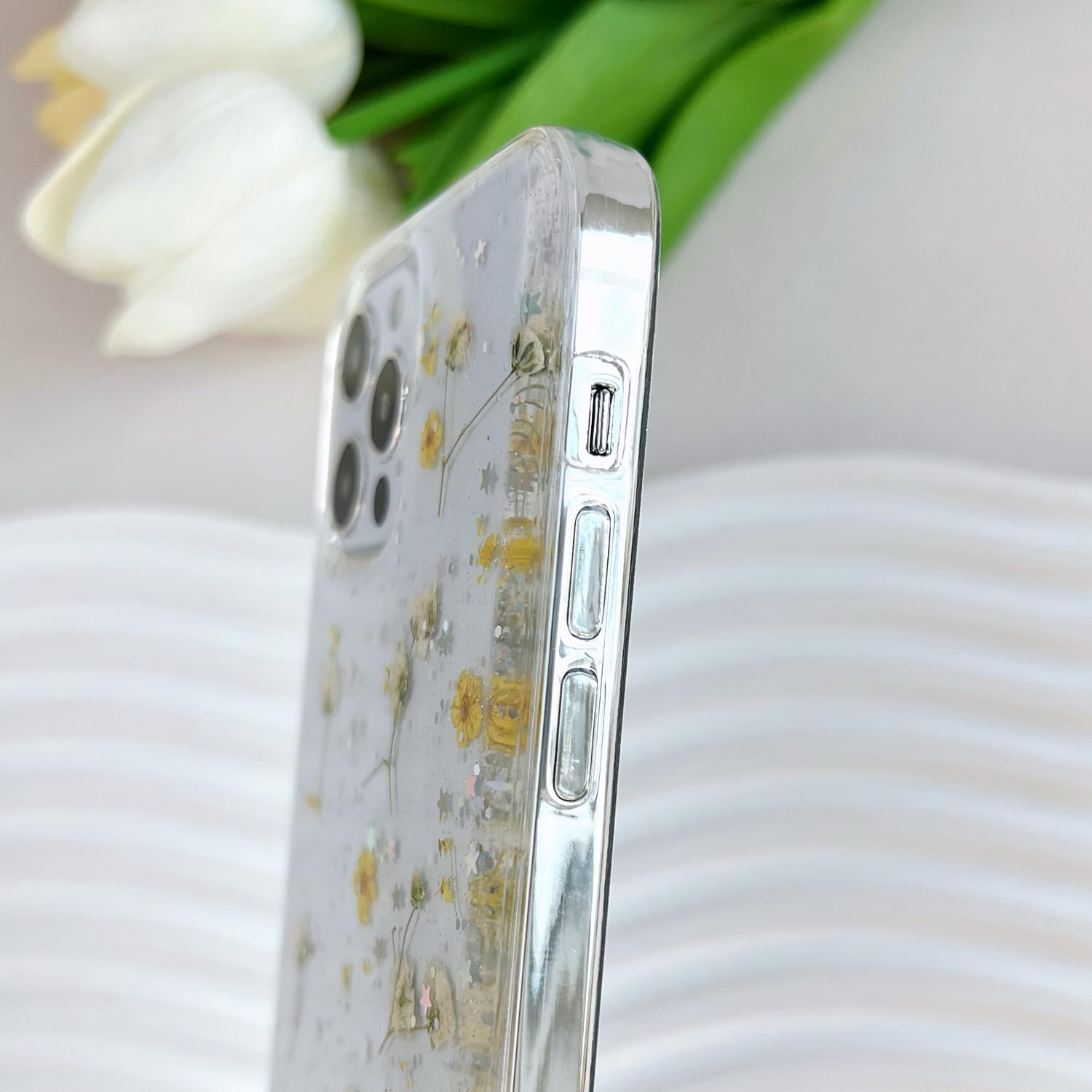 Lseeka For Iphone 12 Pro Max Clear Case With Pressed Real Flowers Design,Glitter Cute Yellow Floral Pattern Slim Soft Tpu Protec